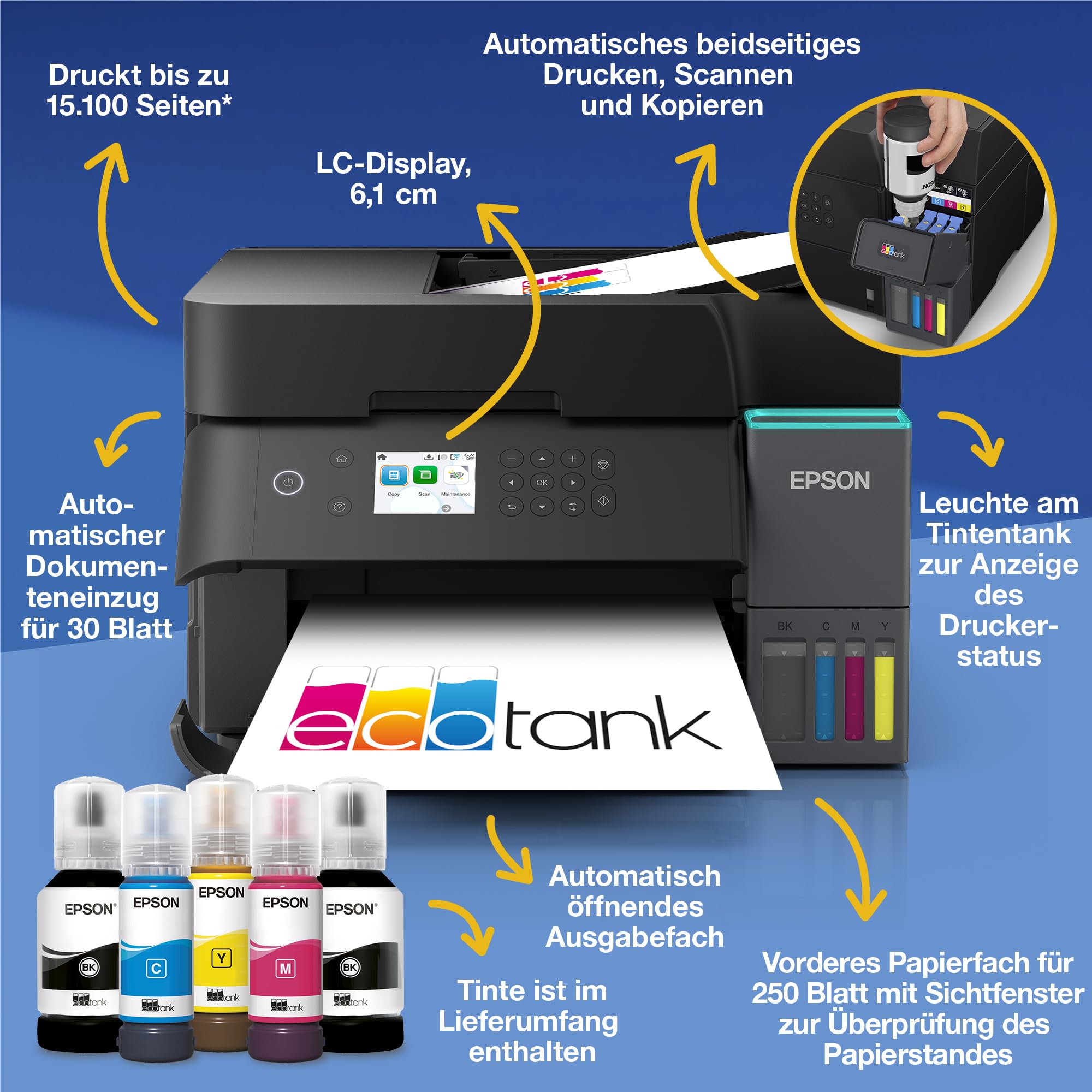 EcoTank ET-3950 A4-Multifunktionsdrucker mit Wi-Fi & AirPrint Tintentank, automatischem Dokumenteneinzug, beidseitigem Druck, Scannen & Kopieren, bis zu 3 Jahre Tinte im Lieferumfang enthalten