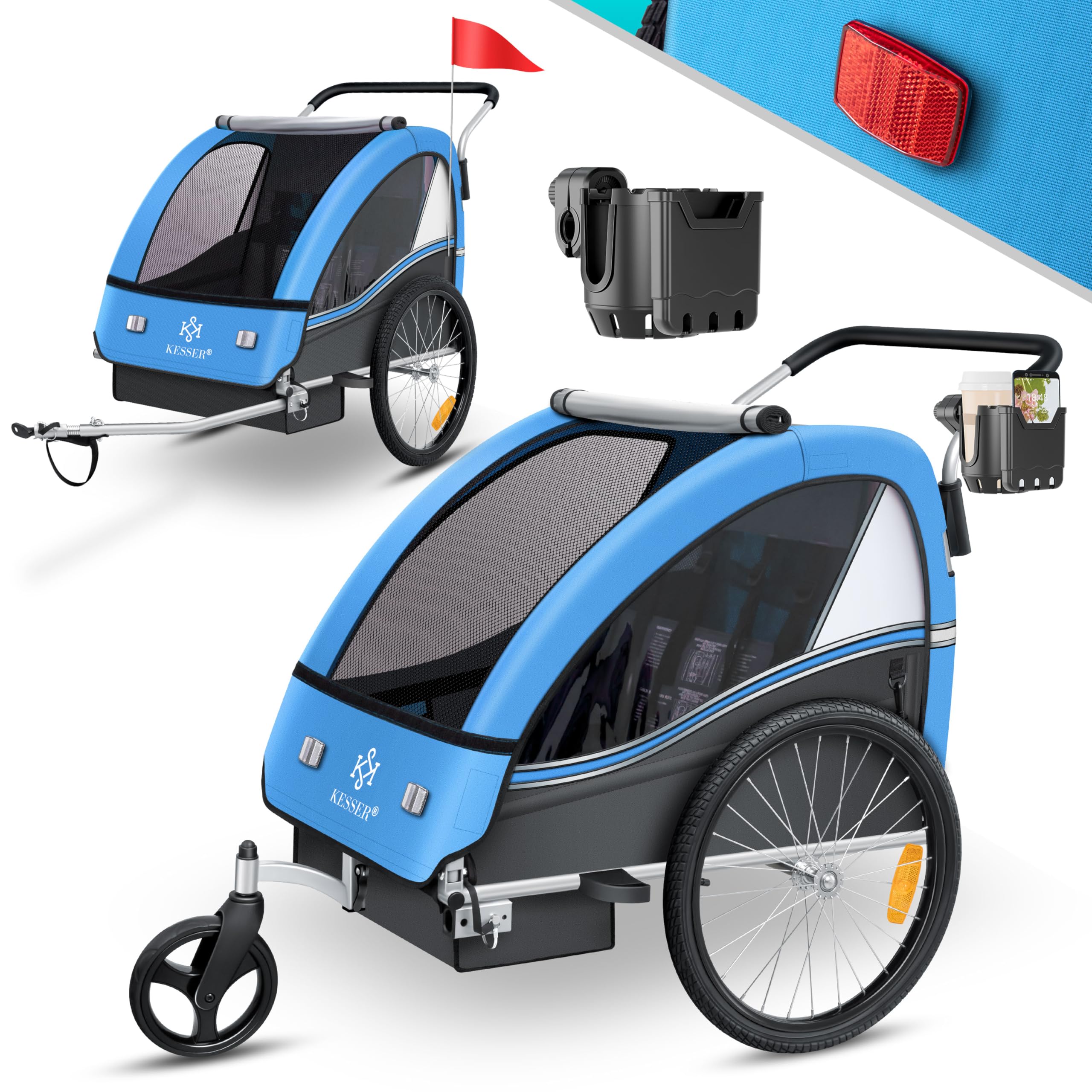 KESSER® Kinderfahrradanhänger Sport-RX 2in1 Jogger & Buggy 5-Punkt-Gurt Sicherheitsgurt 360° Vorderrad Kinderfahrradanhänger Reflektoren für 1-2 Kinder (max. 40 kg) Getränkehalter & Smartphonefach