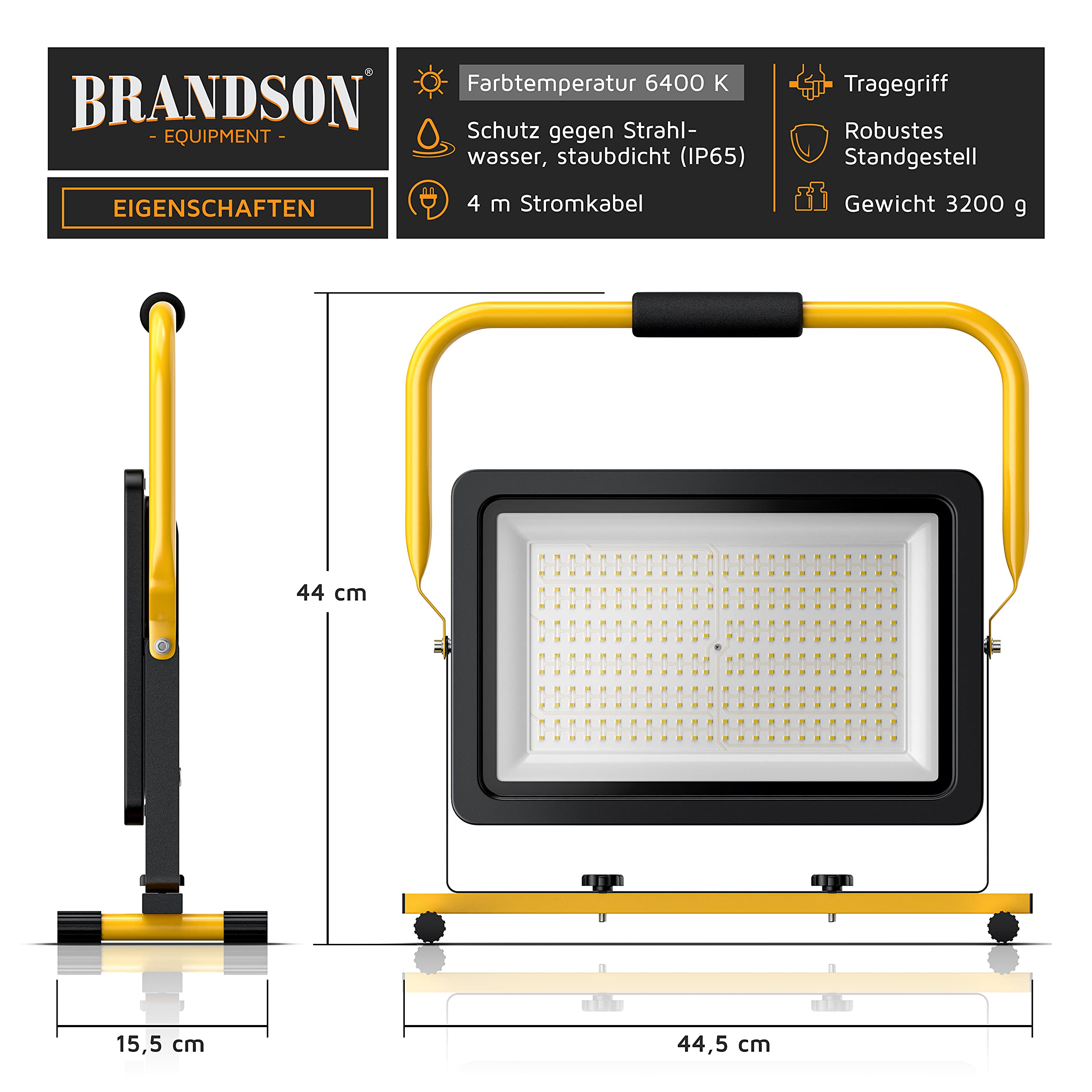 Brandson - 200W LED Baustrahler - Arbeitsscheinwerfer - Bauscheinwerfer - 288 SMD LEDs – 6400k - Standgestell und Tragegriff - 16000 Lumen – 4 m Stromkabel - Metallgehäuse