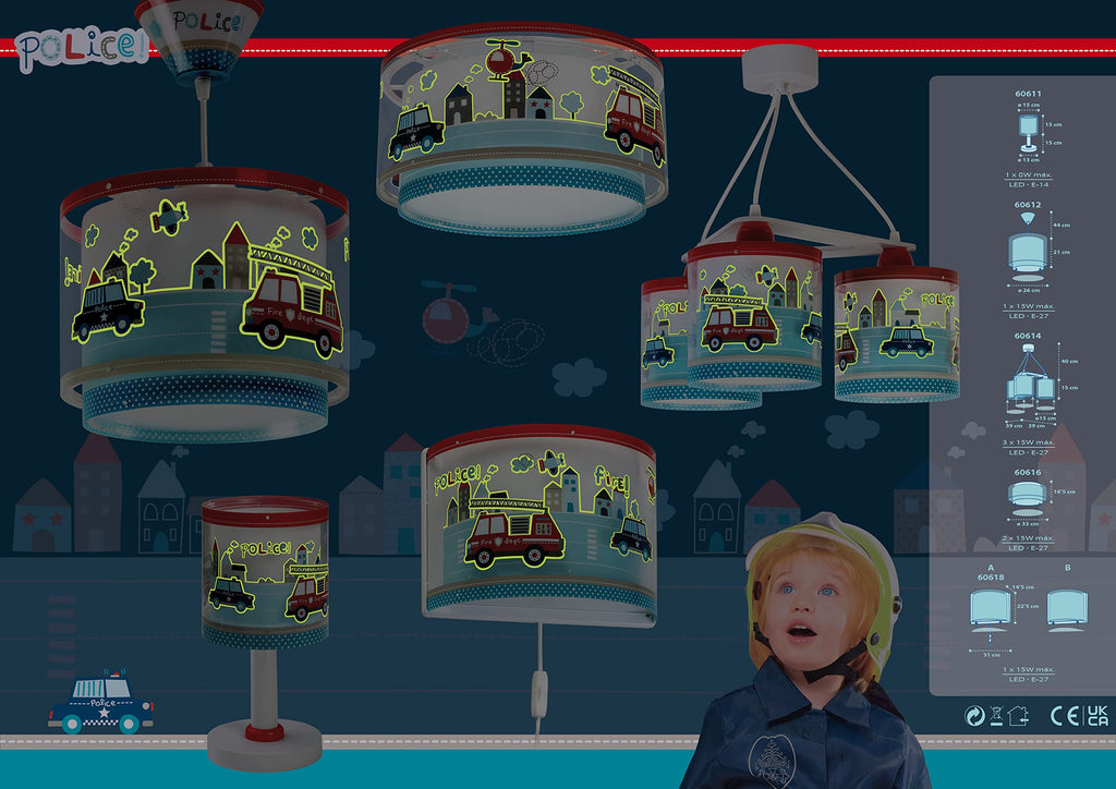 DALBER Kinderleuchte Pendelleuchte POLIZEI Deckenleuchte Kinderzimmer Kinderlampe, Blau, 26.5 x 26.5 x 21 cm