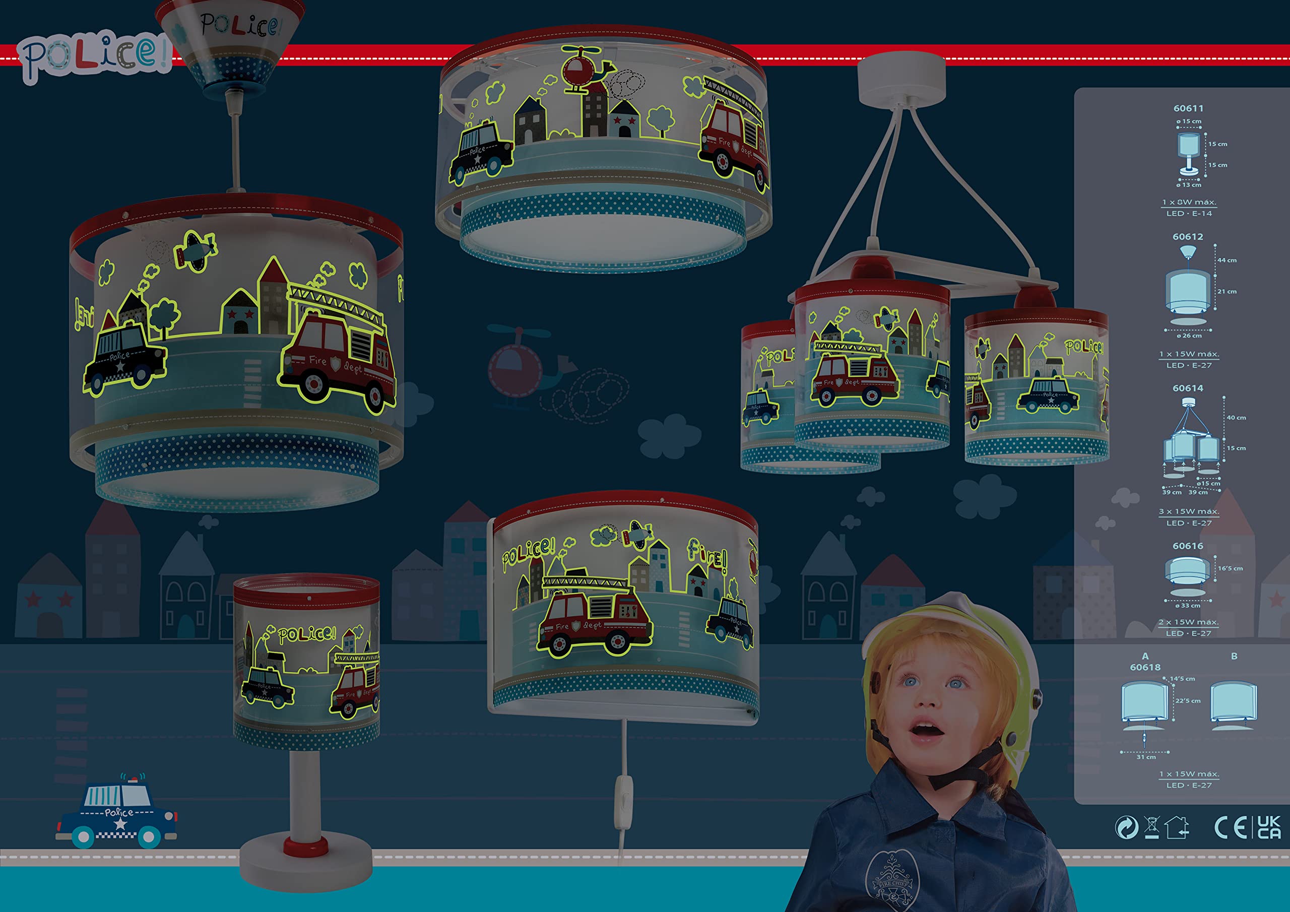 DALBER Kinderleuchte Pendelleuchte POLIZEI Deckenleuchte Kinderzimmer Kinderlampe, Blau, 26.5 x 26.5 x 21 cm