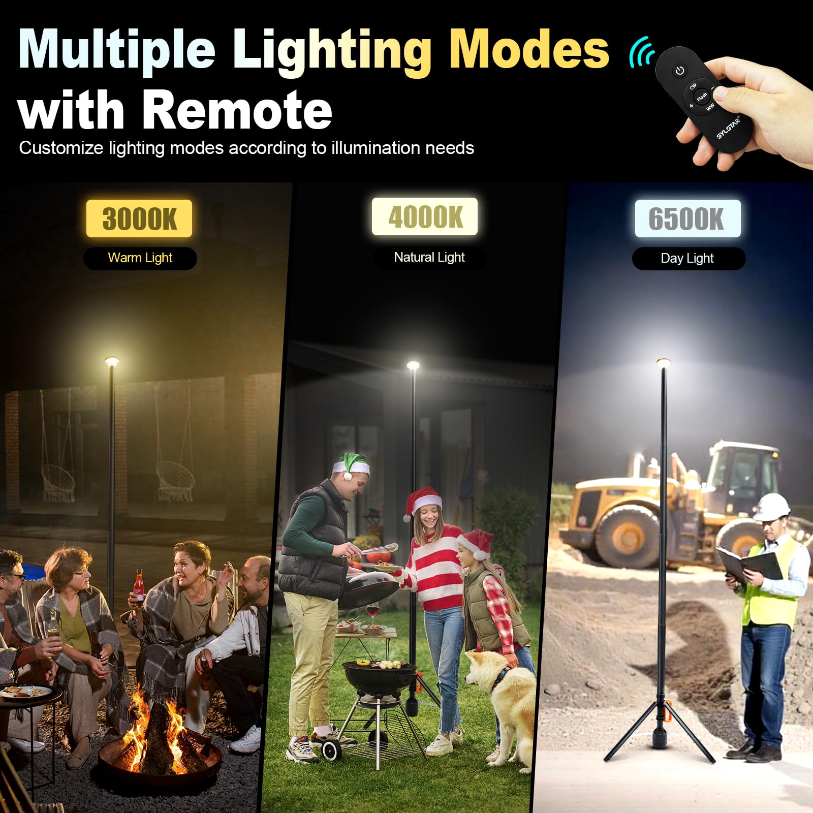 SYLSTAR Baustrahler LED mit Stativ, Akku Strahler mit Fernbedienung &Teleskopständer (2.65M), 3000LM Ultra Bright, 3CCT Dimmbar, 6000mAh Batterie Baustellenlampe für Werkstatt Sport Camping Notfälle