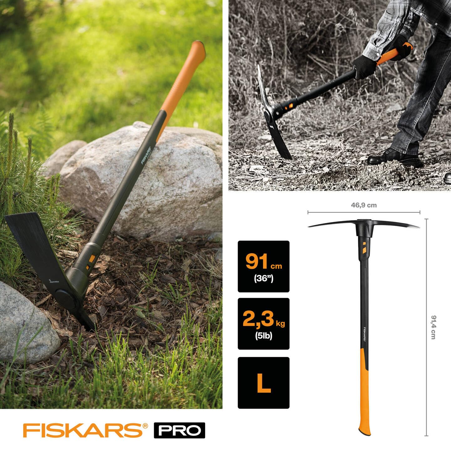 Fiskars Kreuzhacke IsoCore L für grobe Arbeiten auf harten, steinigen Böden, Länge: 91 cm, Gewicht: 3,4 kg, Schwarz/Orange, 1020166