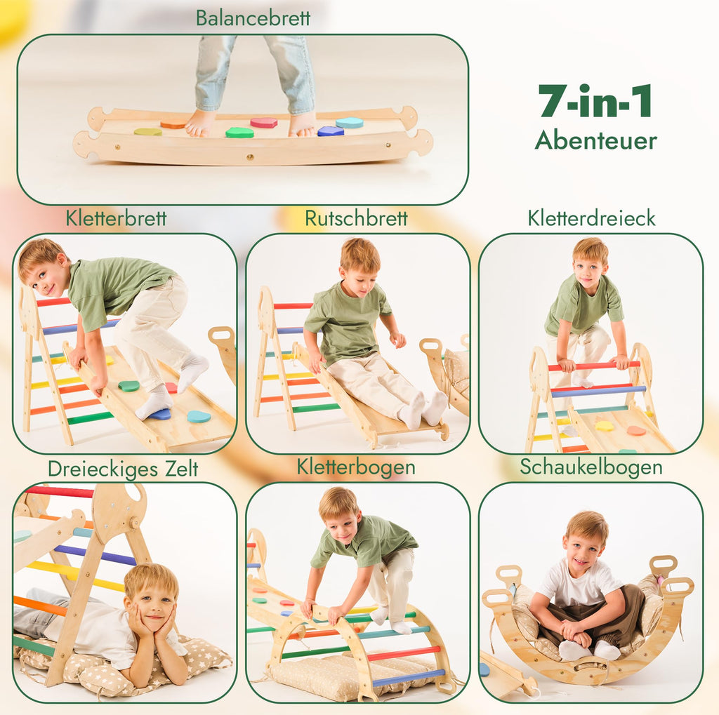 Goodevas 5-in-1 Montessori Klettergerüst Set: Indoor Kletterdreieck, Kletterbogen mit Kissen, und Rutsche für Kinder, Indoor Spielplatz 1-3 Jahre
