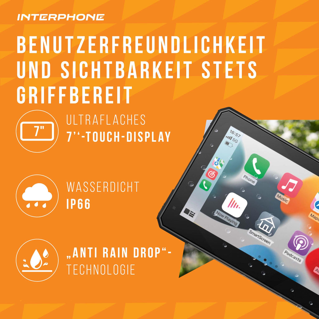 INTERPHONE SYNC70E Essential Motorrad Carplay für Apple und Android – 7 Zoll WiFi- und Bluetooth-Motorrad-Display für Smartphone-Mirroring – Carplay Display mit QUIKLOX- Halterung, IP66 wasserdicht