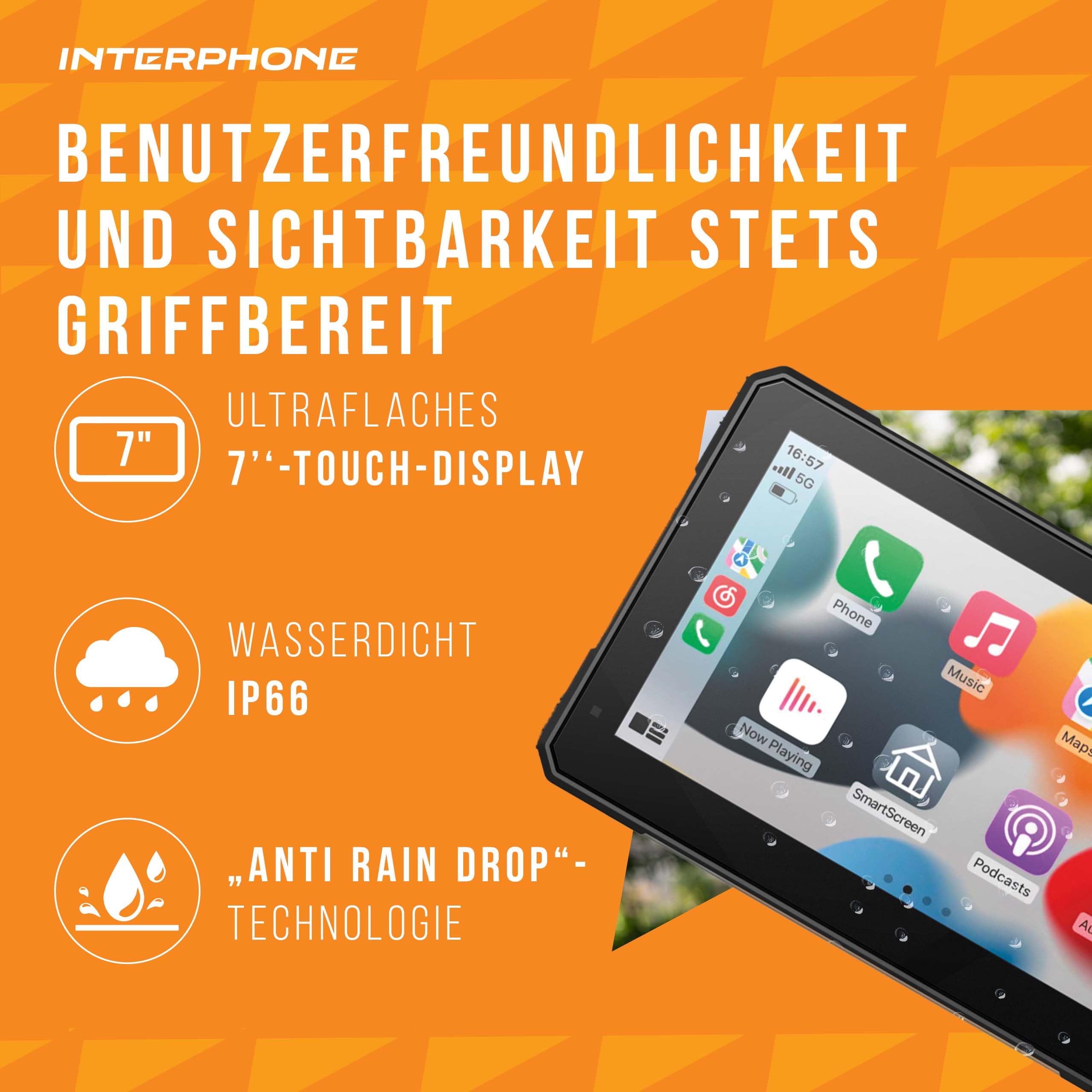 INTERPHONE SYNC70E Essential Motorrad Carplay für Apple und Android – 7 Zoll WiFi- und Bluetooth-Motorrad-Display für Smartphone-Mirroring – Carplay Display mit QUIKLOX- Halterung, IP66 wasserdicht