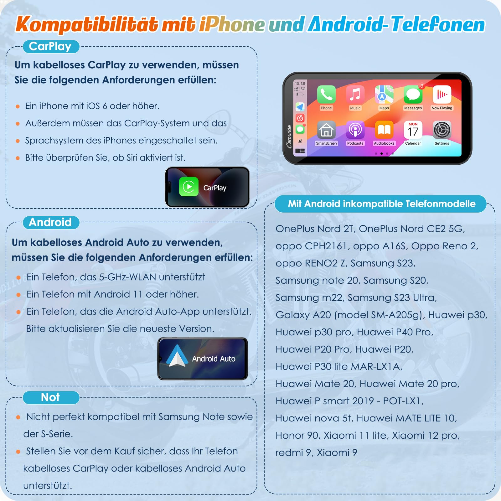 Carpuride W603 Motorrad-Carplay-Bildschirm, Kabelloses CarPlay und Android Auto für Moto, Fernbedienung, 6,3-Zoll-wasserdichter Touchscreen, BT Audio, GPS-Navigation, Siri, G00gle-Assistent