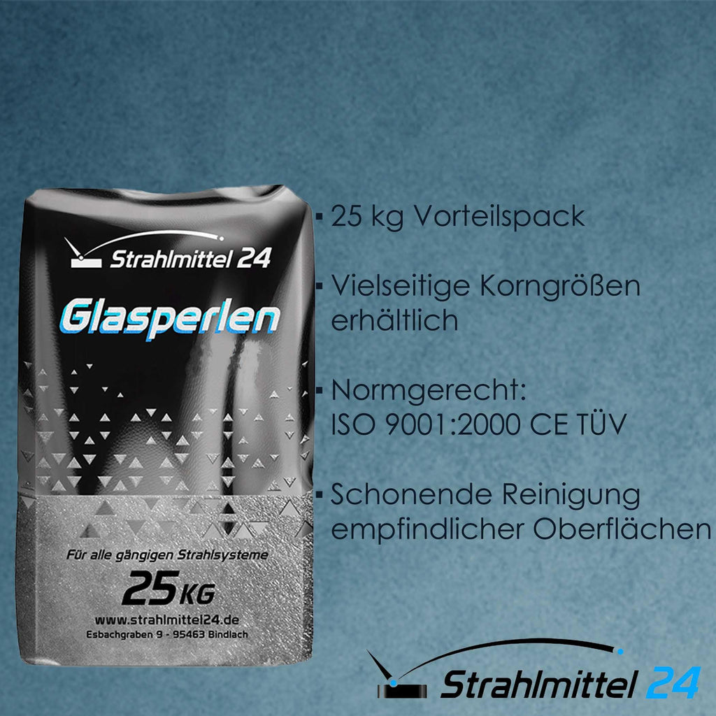25 KG GLASPERLEN STRAHLMASTER STRAHLMITTEL 90-150 µm STRAHLGUT GLASPERLEN SANDSTRAHLEN MICROGLASPERLEN