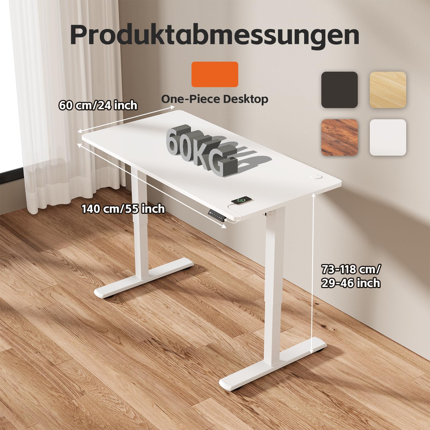 JUMMICO Elektrischer Höhenverstellbarer Schreibtisch - Steh-Sitz Tisch mit Memory-Funktion & Kompletter Tischplatte, Computertisch für Büro & Zuhause 140 x 60 cm Weiß
