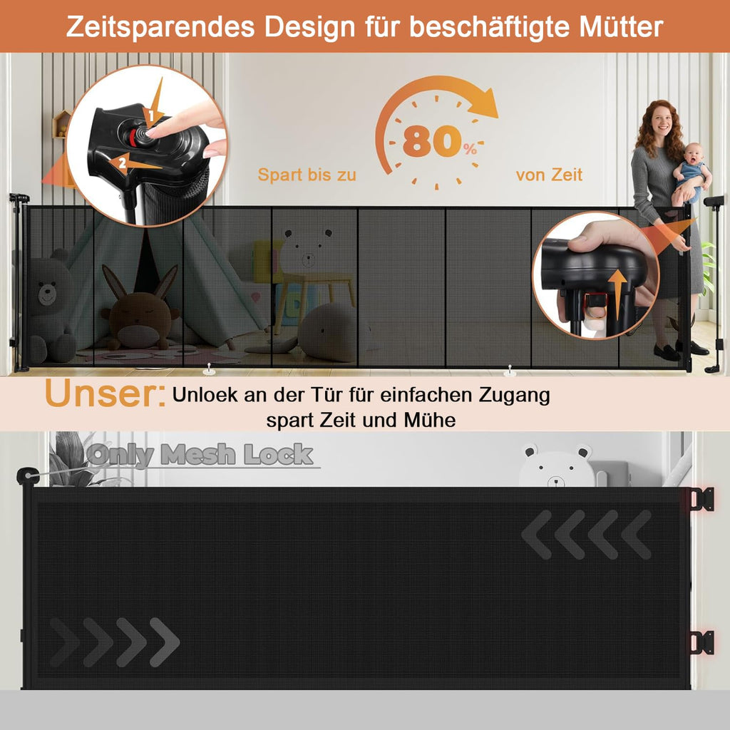 Treppen- & Türschutzgitter Ausziehbar 0-700cm | 115cm H Baby- & Haustiergitter mit verstärktem Mesh | Sicherheitstor für Treppen, Türen, große Öffnungen Indoor/Outdo (700cm/Schwarz)