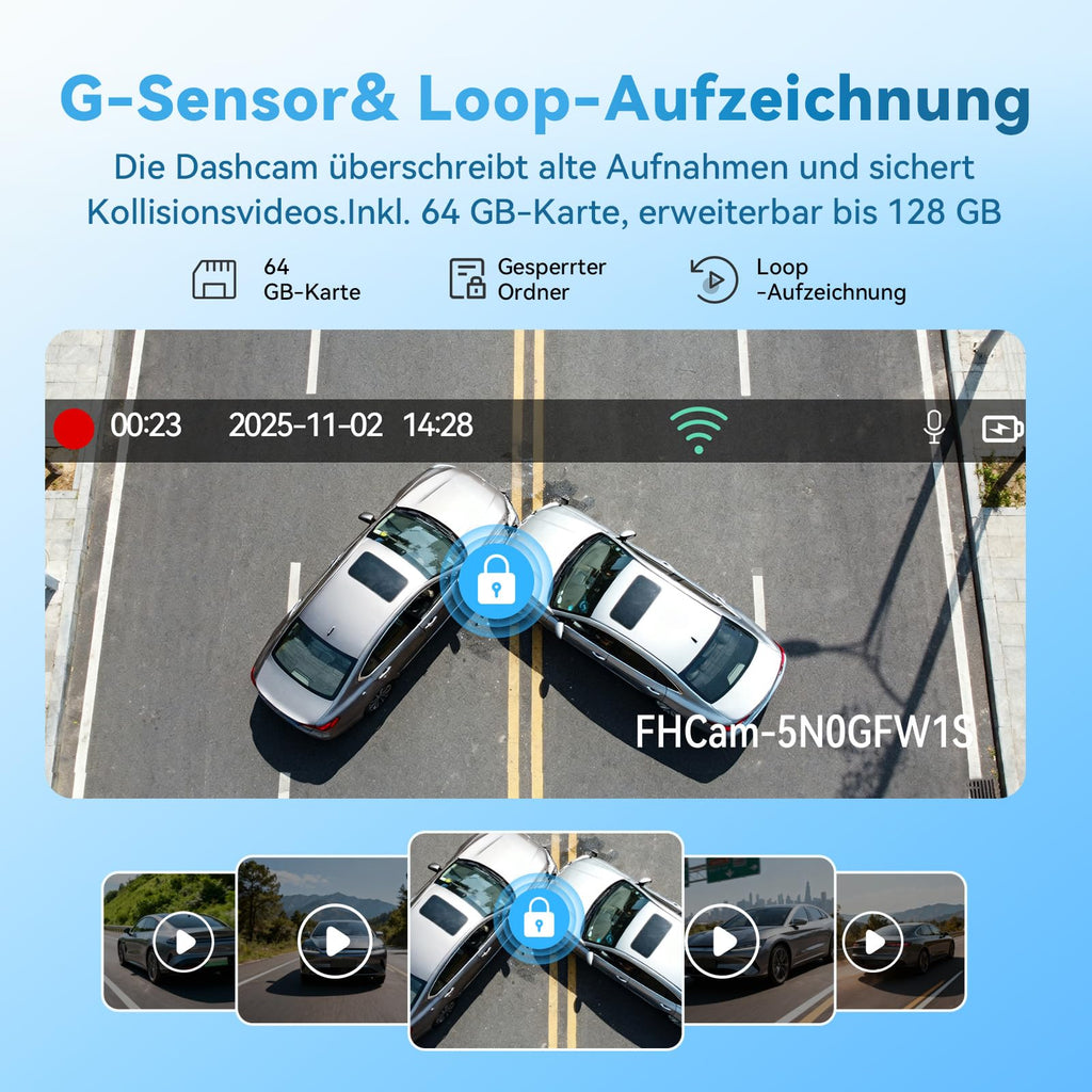 CARTSDOII Dashcam Auto,3 Kanal Vorne Hinten Innen 4K+1080P+1080P Dash Cam,490°Weitwinkel-Rundumschutz,Auto Kamera mit 64GB SD Karte,3.16",Nachtsicht,WDR,WiFi,G-Sensor,Loop-Aufnahme,24H Parküberwachung