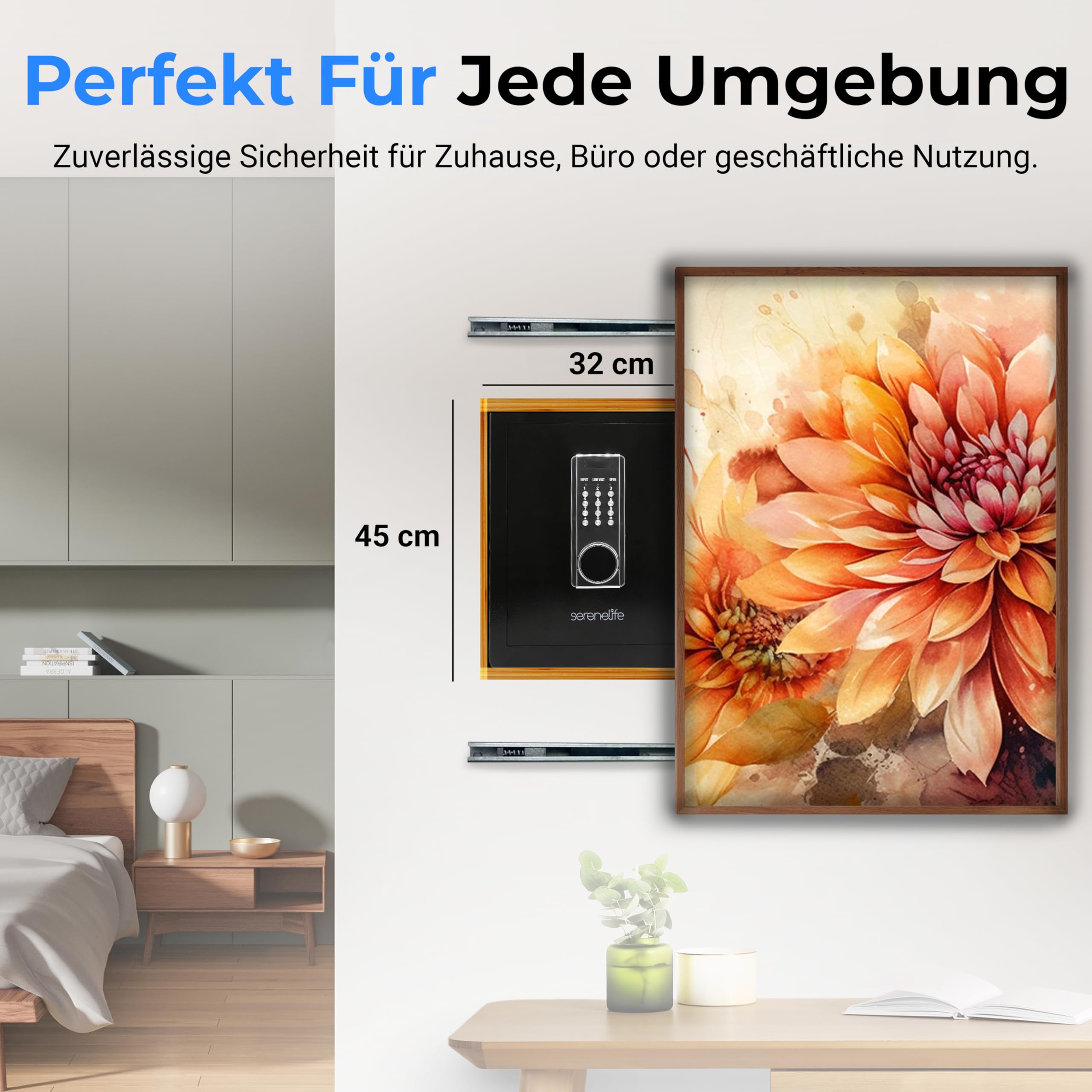 SereneLife 39L Tresor Für Zuhause, Safe- Feuerfest & Wasserdicht, Digitaler Wandtesor Möbeltresor mit Code & 2 Schlüsseln, Safe Box mit Doppelt gesichertes Alarmsystem für Wertsachen, Bargeld, Schmuck