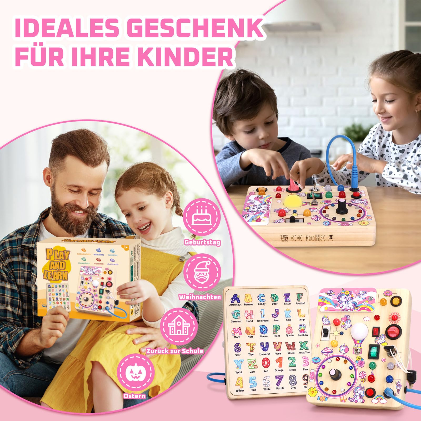 Unicorn Busy Board Montessori Spielzeug ab 1 jahr Activity Board Holzspielzeug Mit 10 Schaltern und 23 LED Lichtern Sensorik Spielzeug Motorikspielzeug für Babys und Kinder ab 1 2 3 4 Jahre Mädchen