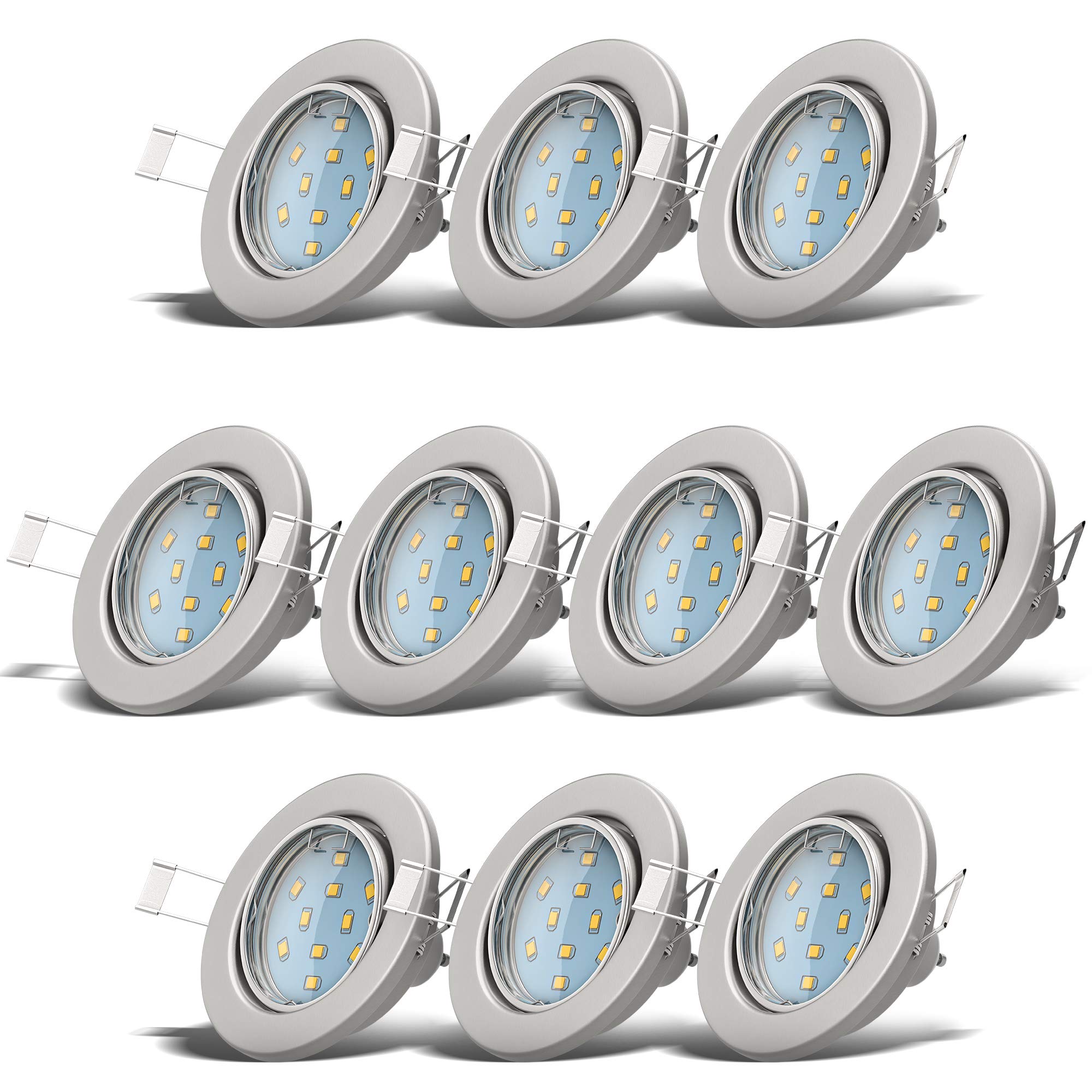 B.K.Licht - 10er Set LED Einbaustrahler 230V schwenkbar, warmweiße Lichtfarbe, Lochmass 68mm, LED Spot, Deckenspots, Spots, Einbauleuchten, Einbauspots, Deckenstrahler, 86x70 mm, Matt-Nickel