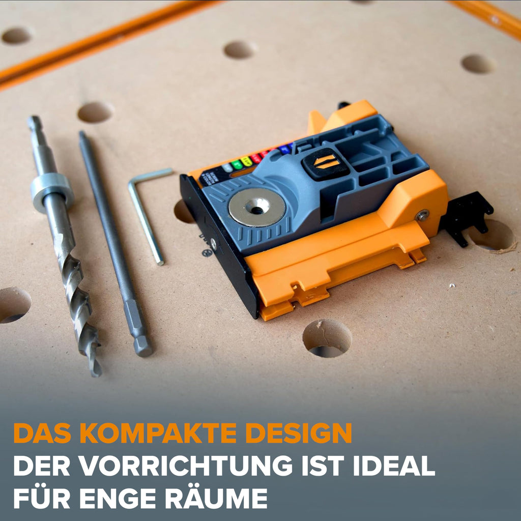BORA Mini-Taschenloch-Bohrschablone – Automatische Tiefeneinstellung mit Push-Lock-System, Farbkodierte Schraubenführung – Für enge Räume & Holz bis 38 mm Stärke