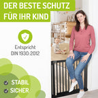 BOMI Baby Schutzgitter Treppe Miko PEFC geprüftes Buchenholz | Ohne Bohren | Gittertür aus Holz schwarz | Stabile Baby Schutzgitter Tür für Kindersicherheit | Treppen Türgitter | Breite: 87-95 cm