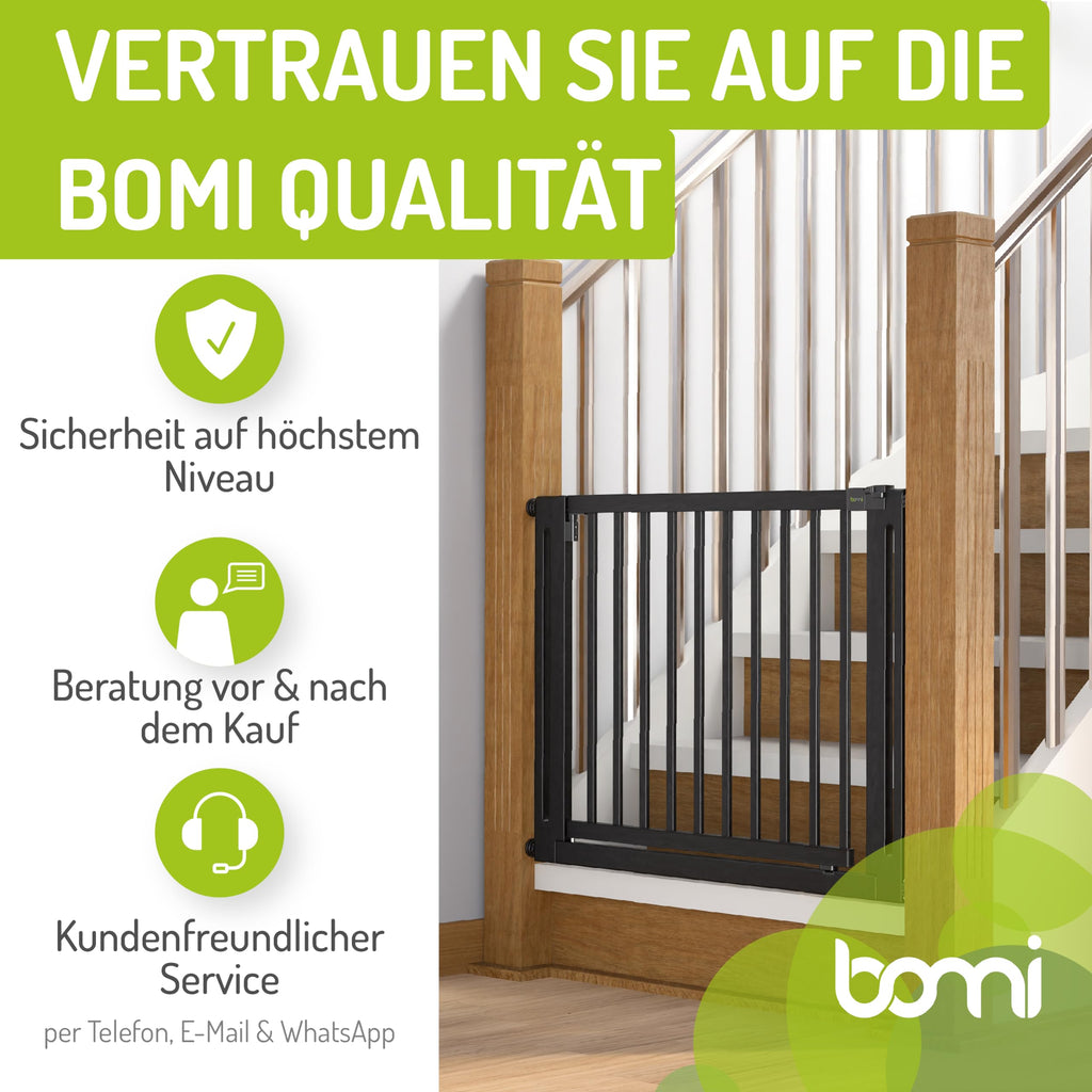 BOMI Baby Schutzgitter Treppe Miko PEFC geprüftes Buchenholz | Ohne Bohren | Gittertür aus Holz schwarz | Stabile Baby Schutzgitter Tür für Kindersicherheit | Treppen Türgitter | Breite: 87-95 cm