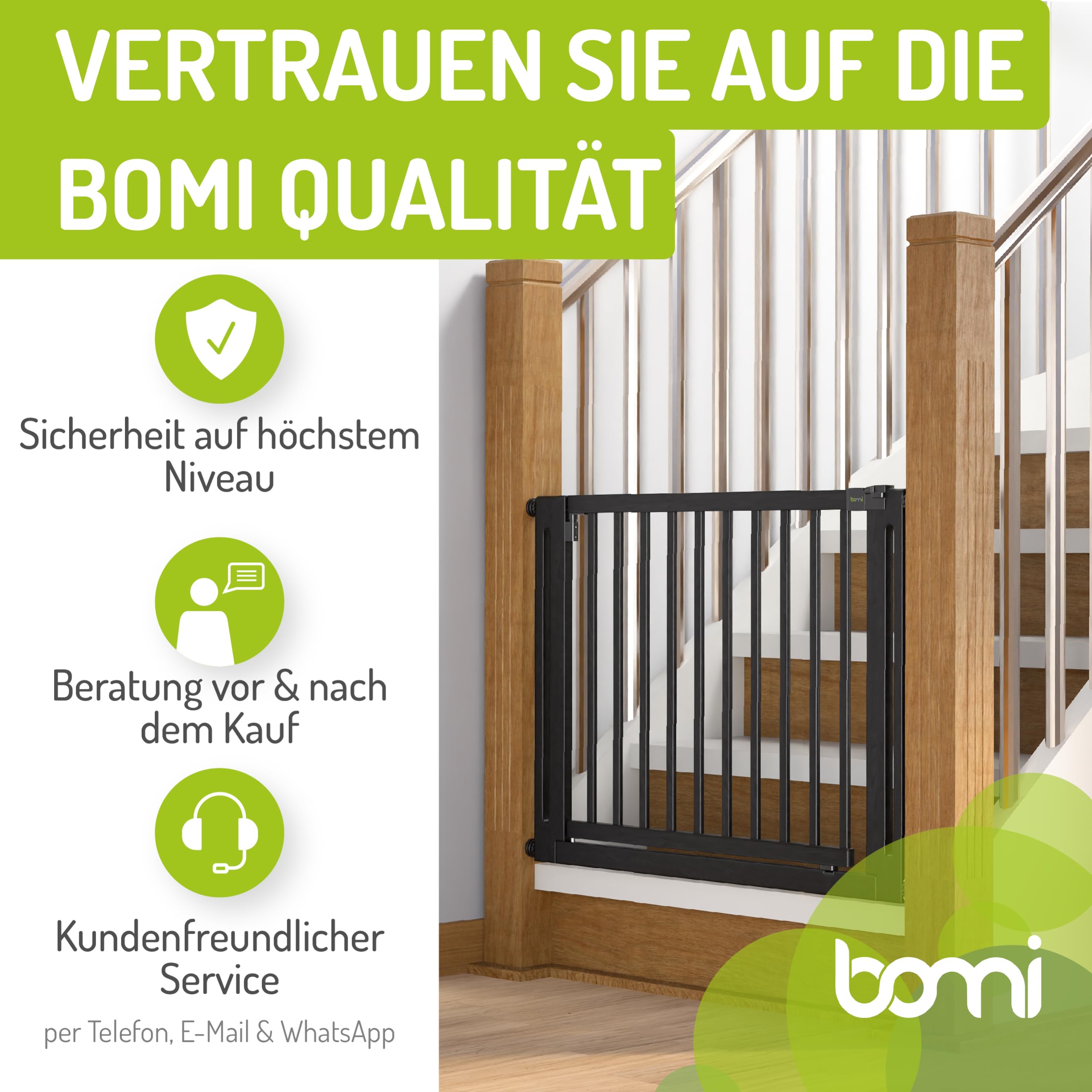 BOMI Baby Schutzgitter Treppe Miko PEFC geprüftes Buchenholz | Ohne Bohren | Gittertür aus Holz schwarz | Stabile Baby Schutzgitter Tür für Kindersicherheit | Treppen Türgitter | Breite: 87-95 cm