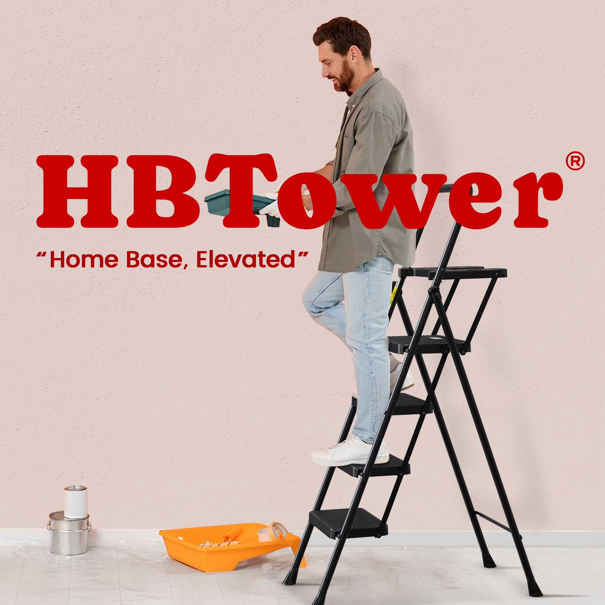 HBTower Trittleiter 4 Stufen klappbar, Leiter mit Breitem Anti-Rutsch-Pedal, Trittleiter mit Bequemer Handlauf, Tragbarer Tritthocker aus Stahl, Schwarz