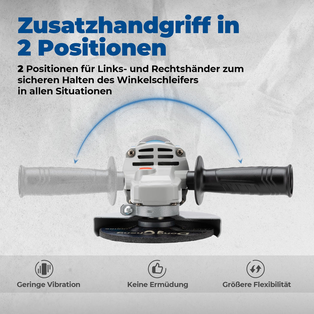 DongCheng Winkelschleifer 1100W, 125mm, Leerlaufdrehzahl:11.800min-1, Schnellverschlussabdeckung, Zusatzhandgriff ，mit 2 Schleifscheiben, 2 Fächerschleifscheiben, 2 Trennscheiben