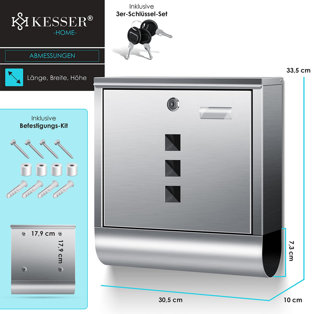 KESSER® Briefkasten Edelstahl mit Zeitungsfach Namensschild, Sichtfenster, gebürstet, 3X Schlüssel abschließbar, Pulverbeschichtet, Wandmontage, groß, inkl. Montagematerial Silber