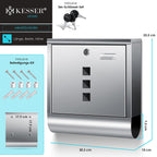 KESSER® Briefkasten Edelstahl mit Zeitungsfach Namensschild, Sichtfenster, gebürstet, 3X Schlüssel abschließbar, Pulverbeschichtet, Wandmontage, groß, inkl. Montagematerial Silber