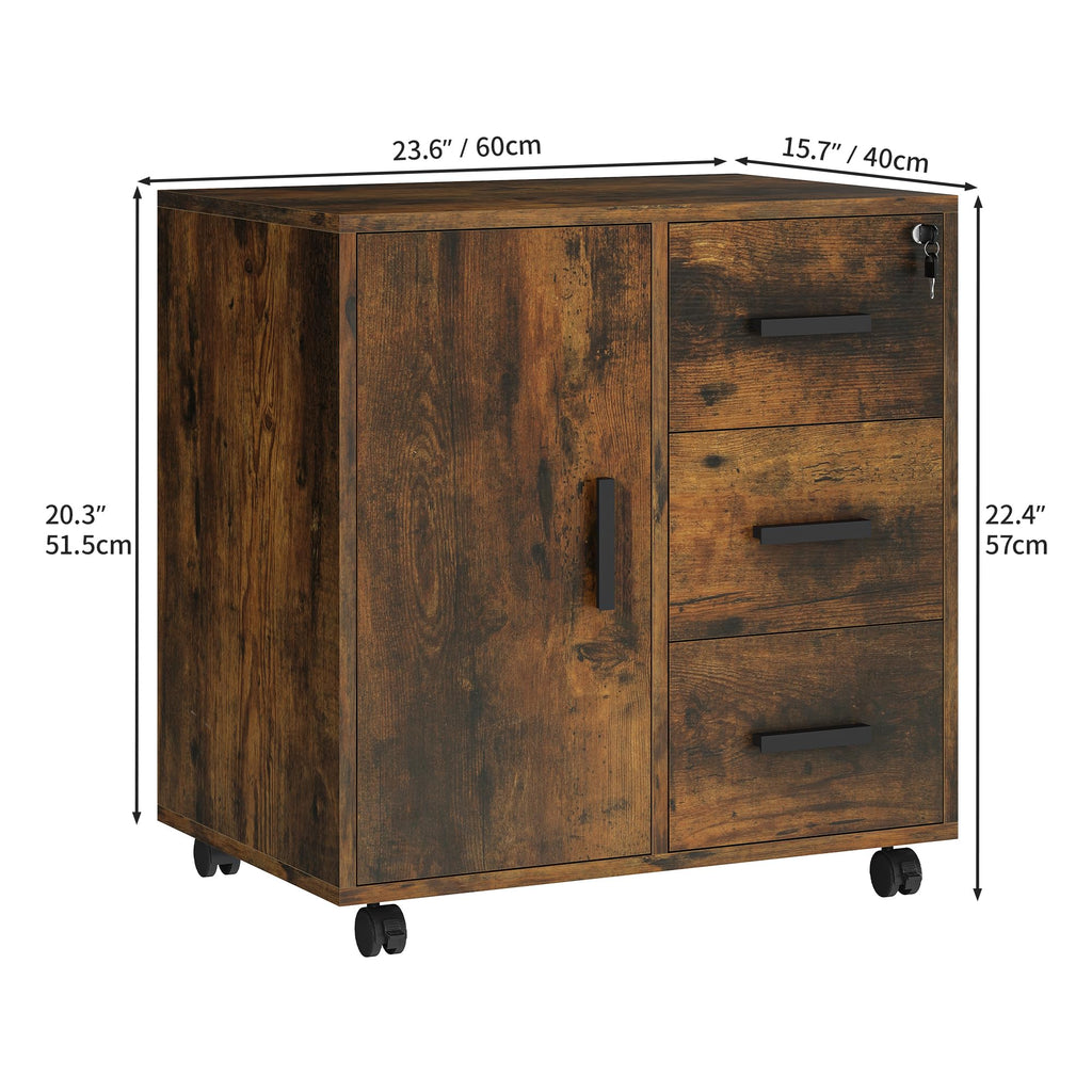 YITAHOME Bürocontainer Schubladenschrank Rollschrank Rollwagen, Rollcontainer mit 3 Schubladen, Mobiler Aktenschrank mit Rädern, Schubladenkommode für Zuhause Büro, 60x40x57 cm (Vintagebraun)