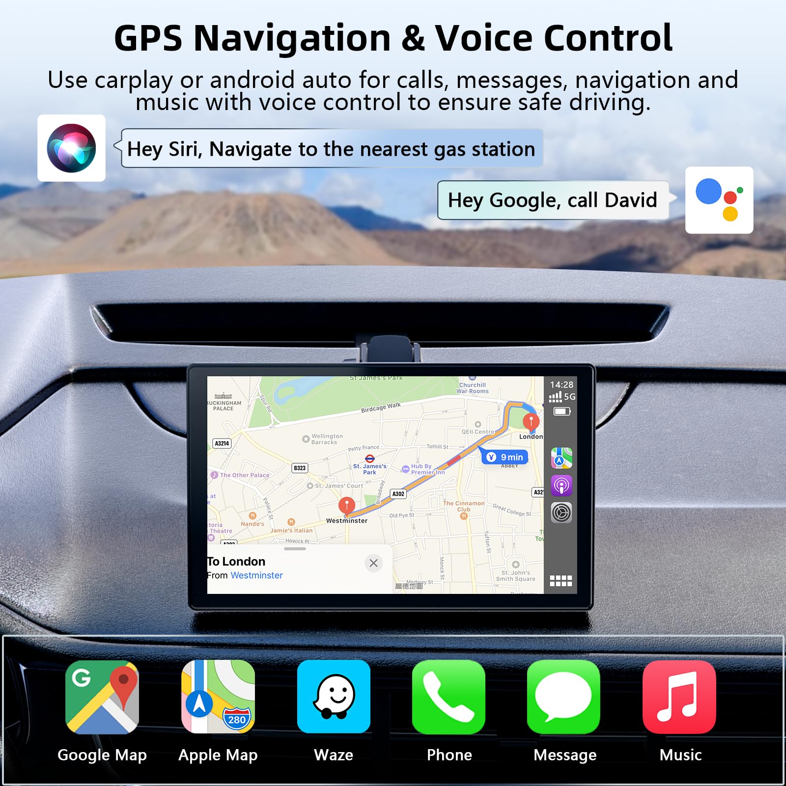 Wireless Carplay Display für Carplay & Android Auto, 9 Zoll Tragbarers Android Auto Display Car Play Bildschirm mit Rückfahrkamera, GPS Navigation, Sprachsteuerung, Bluetooth, Mirror Link, FM, AUX