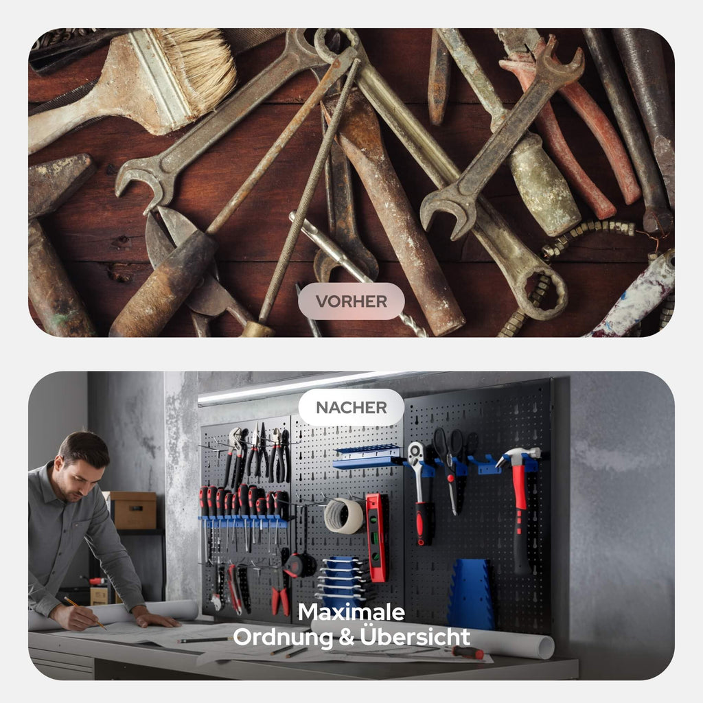 Arebos Werkzeugwand 3-teilige Lochwand Werkstatt | 17-teiliges Hakenset & Halterungen | 117,6 x 59,5 x 2 cm | Werkzeuglochwand aus Metall für Werkstatteinrichtung inkl. Montagematerial | Blau