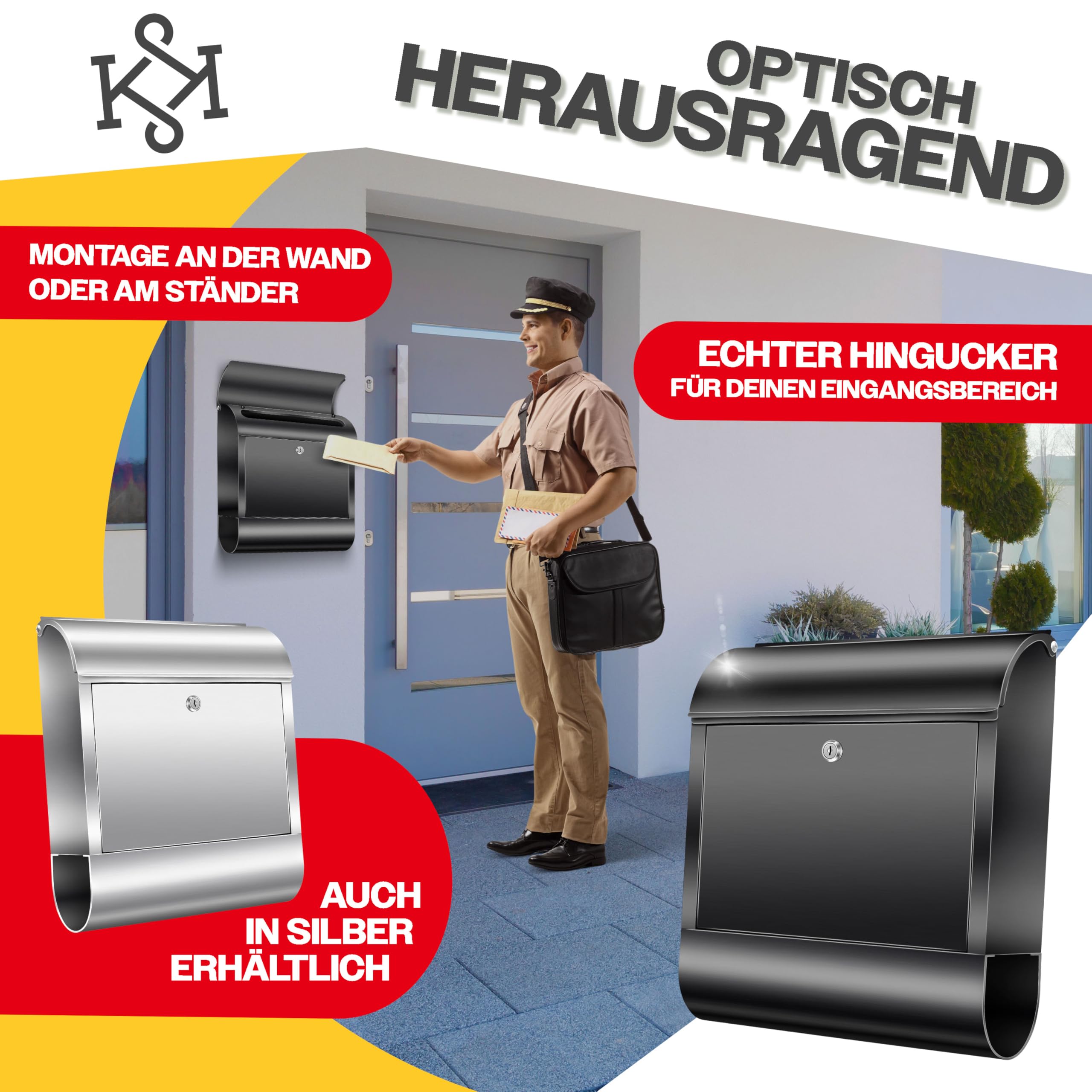 KESSER® XXL Briefkasten Edelstahl mit Zeitungsfach, gebürstet, 3X Schlüssel abschließbar, Pulverbeschichtet, Wandmontage, groß Front-Einwurf: DIN C4 = DIN A4, inkl. Montagematerial, Schwarz