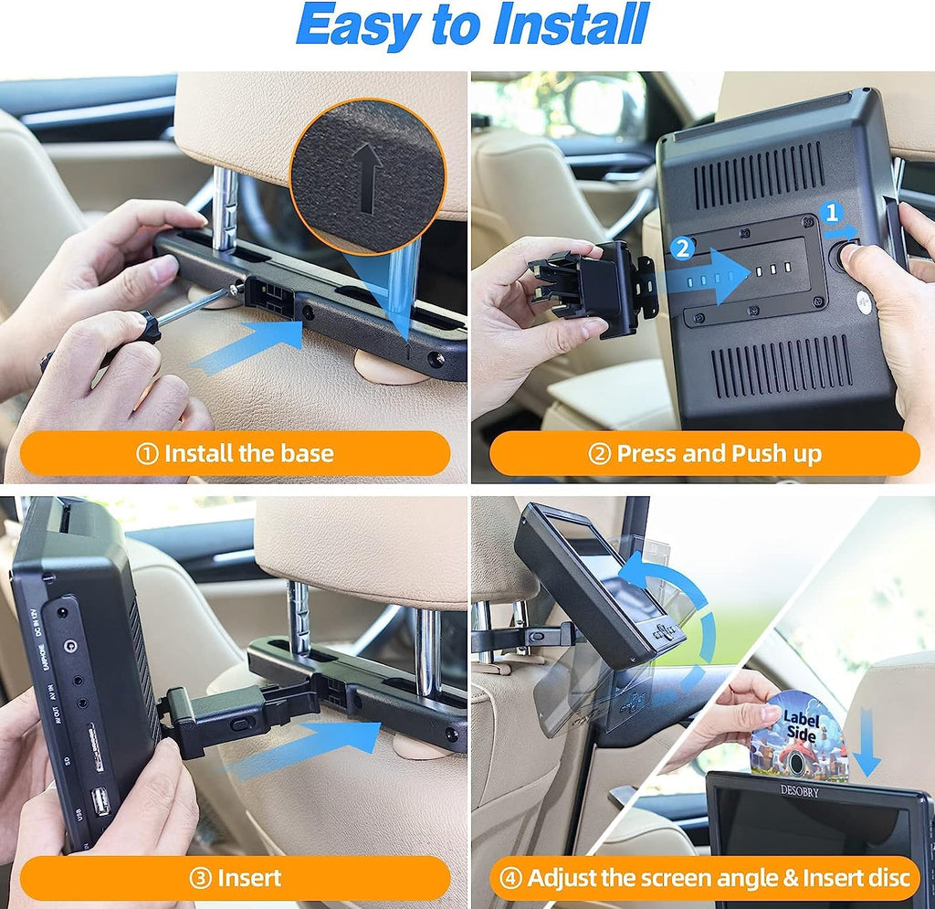 DESOBRY 10,5 Zoll Auto DVD Player mit Kopfstützenhalterung, tragbarer DVD-Player für Auto mit Kopfhörer, Disc-Eingang mit Saugnapf, Unterstützung von 1080P-Video, HDMI-Eingang, USB/SD-Kartenleser