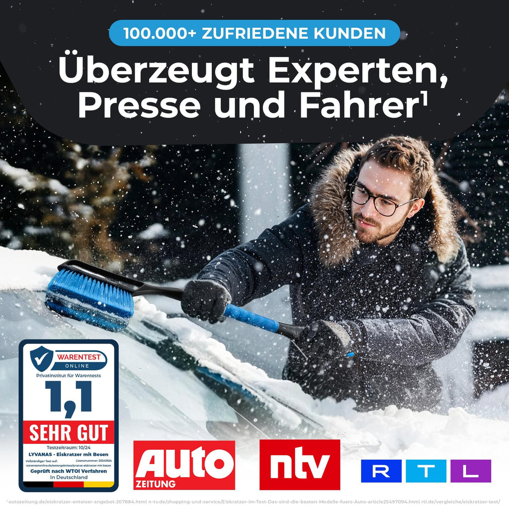 Lyvanas Eiskratzer Auto mit Besen TESTSIEGER 2025* - Ergonomischer Profi Schneebesen Auto schnell & stark - Langlebiger & schonender Scheibenkratzer Auto lang & vielseitig - stabiler Schnee Auto Besen