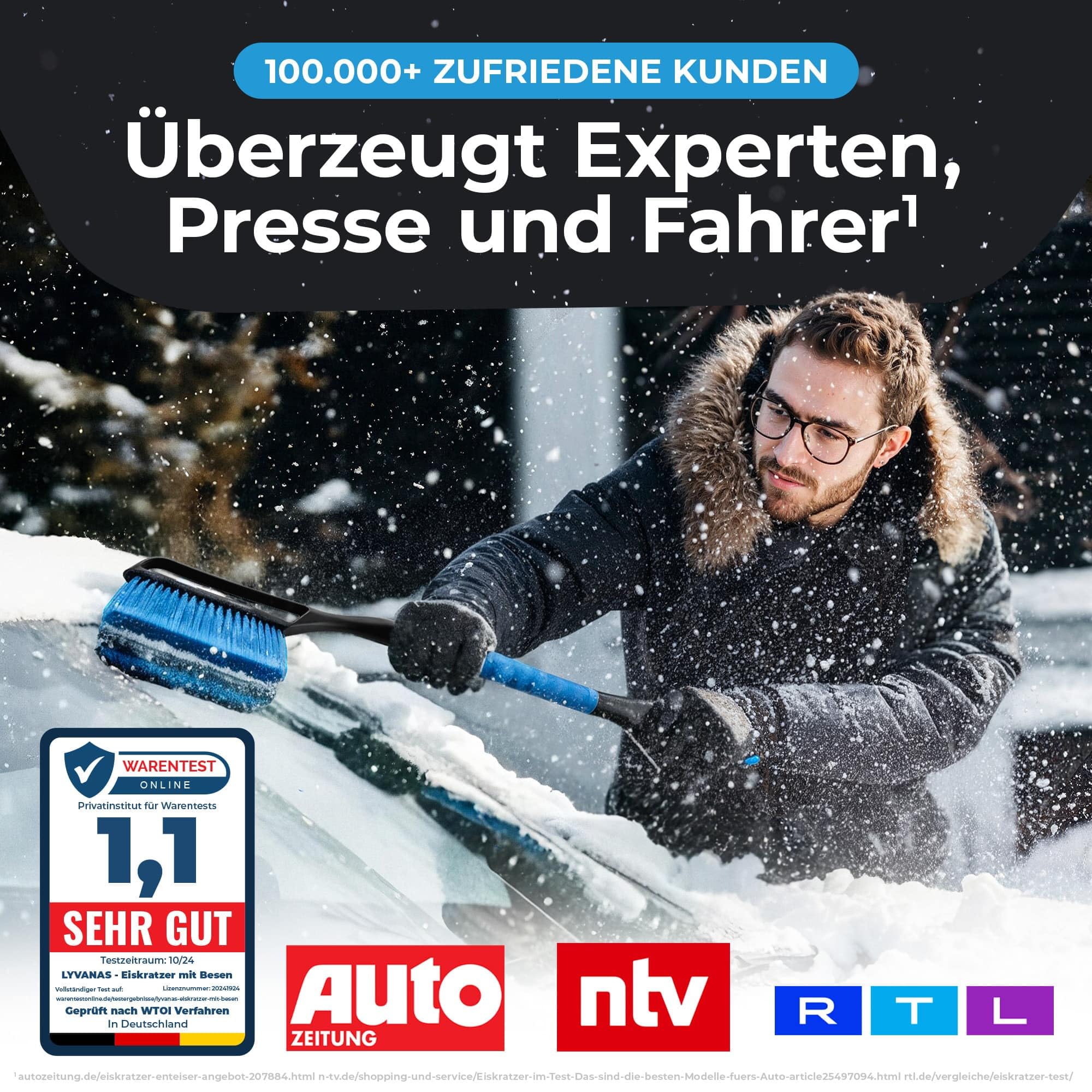 Lyvanas Eiskratzer Auto mit Besen TESTSIEGER 2025* - Ergonomischer Profi Schneebesen Auto schnell & stark - Langlebiger & schonender Scheibenkratzer Auto lang & vielseitig - stabiler Schnee Auto Besen