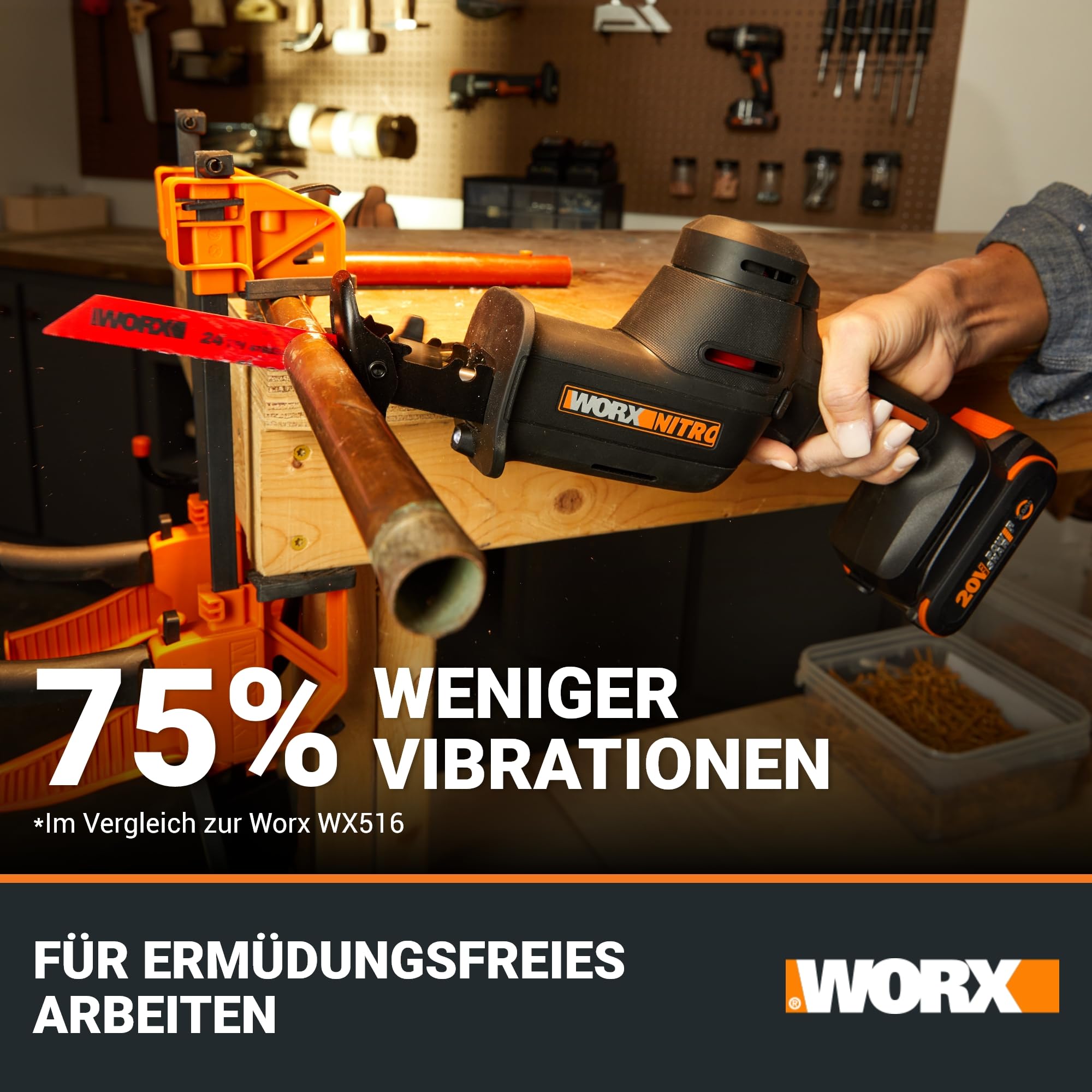WORX WX501.9 Akku-Säbelsäge 20V – leistungsstarke Brushless Motor – 26mm Hublänge – 0-3000/min Leerlaufdrehzahl– leicht & kompakt – werkzeugloser Messerwechsel – LED Licht – ohne Akku & Ladegerät
