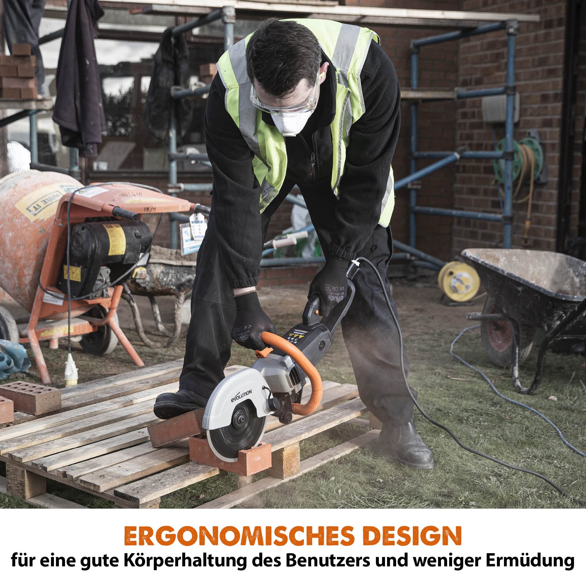 Evolution R230DCT Betonsäge Elektrische Steinsäge 2000W Steinschneidemaschine 230 mm Scheibendurchmesser Sägeblatt Diamantblatt Trennscheibe, 90 mm Schnitttiefe schneidet Mauerwerk Gehwegplatten Beton