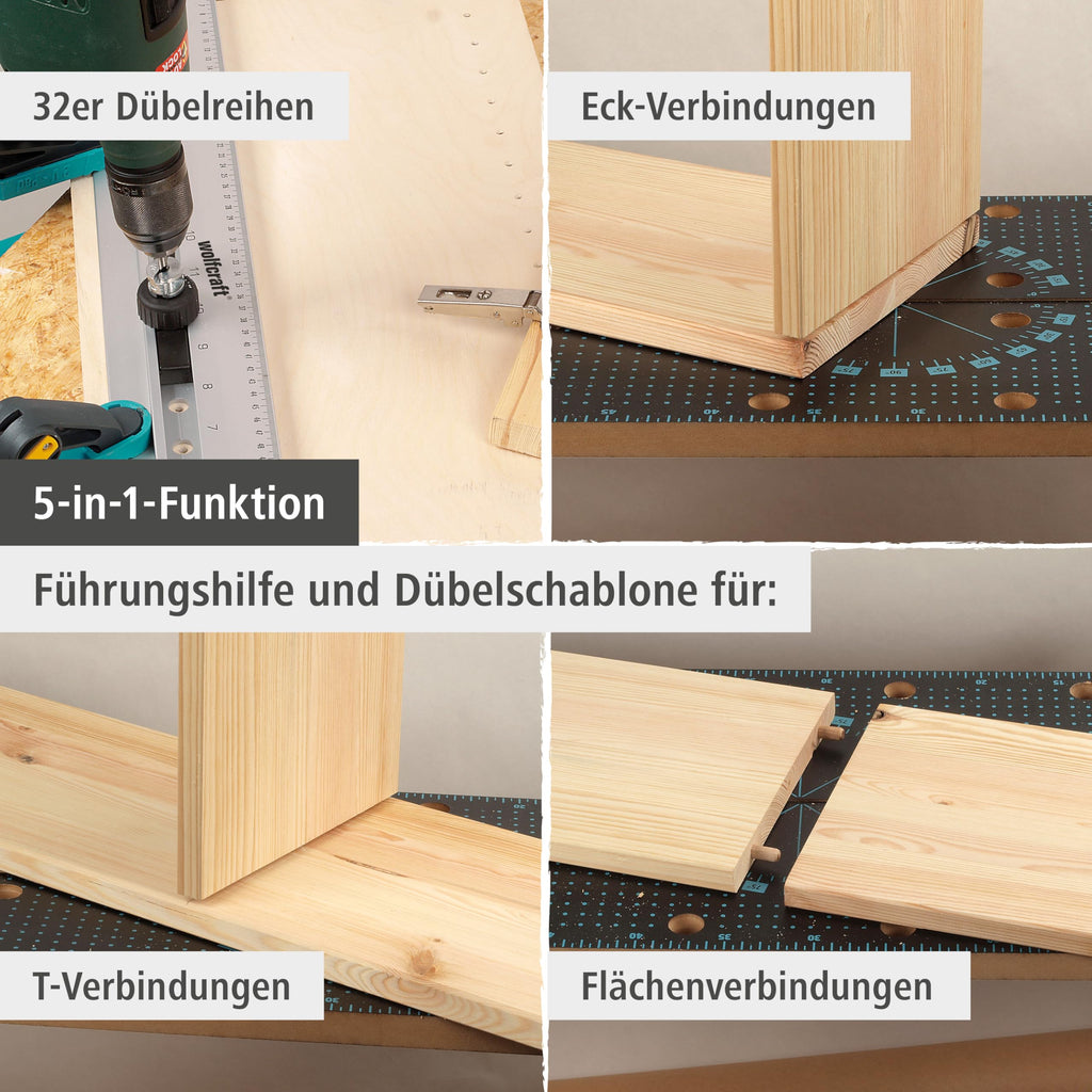 wolfcraft Dübelleiste 4650000 – Präzise Bohrschablone zum Möbelbau von Schränken & Regalen – Für Dübelverbindungen und Lochreihen – 32mm Raster