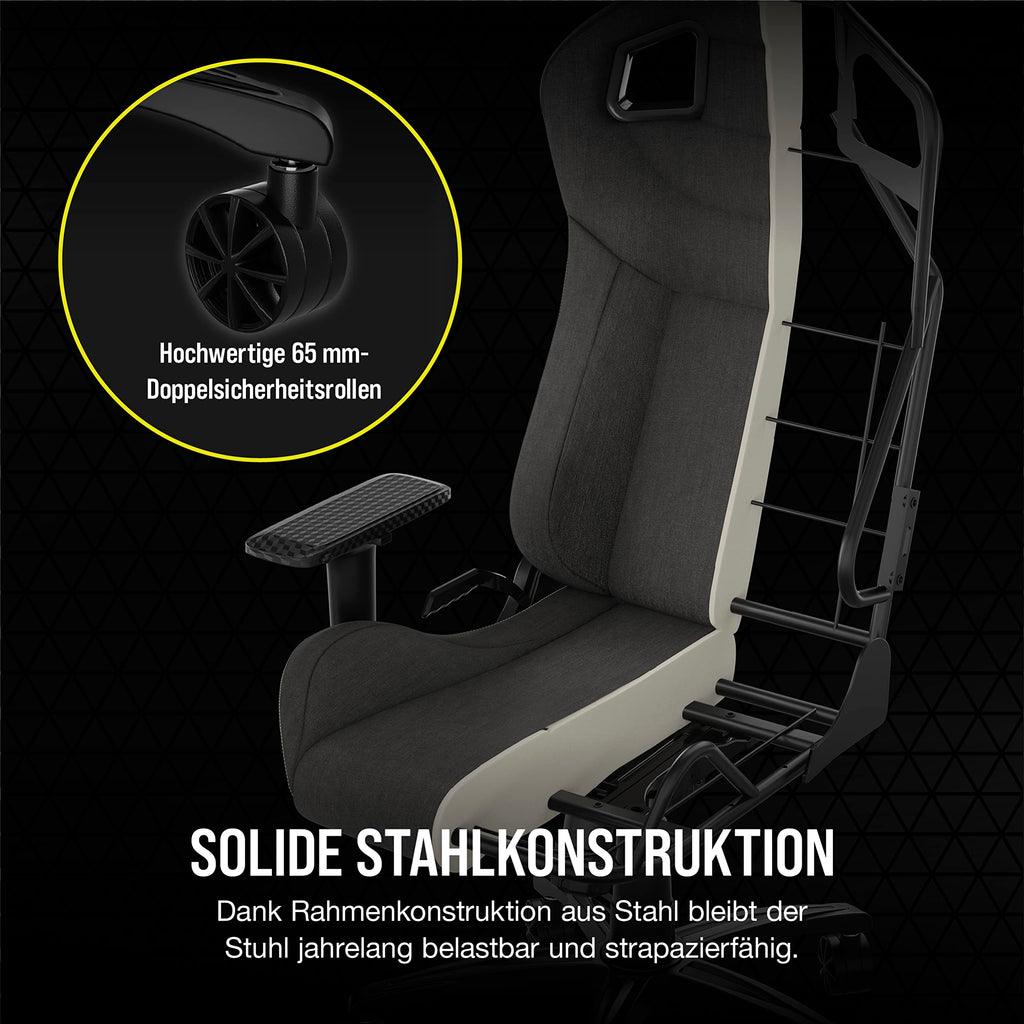 Corsair T3 RUSH Gaming-Stuhl mit Stoffbezug (2023) – Vom Rennsport inspiriertes Design – Bezug aus Weichem – Gepolstertes Nackenkissen – Lendenstütze aus Memory-Schaumstoff – Holzkohle
