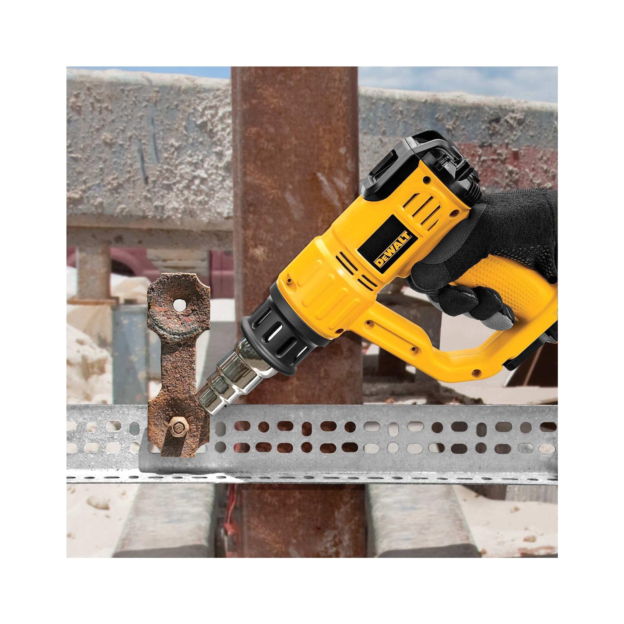 Dewalt 2.000 Watt Heißluftpistole D26414 (Temperatur 50-600°, Luftdurchsatz: 650 l/min, mit Flach- sowie Konusdüse und Lackschaber, sichere vertikale Standposition zum stationären Einsatz)