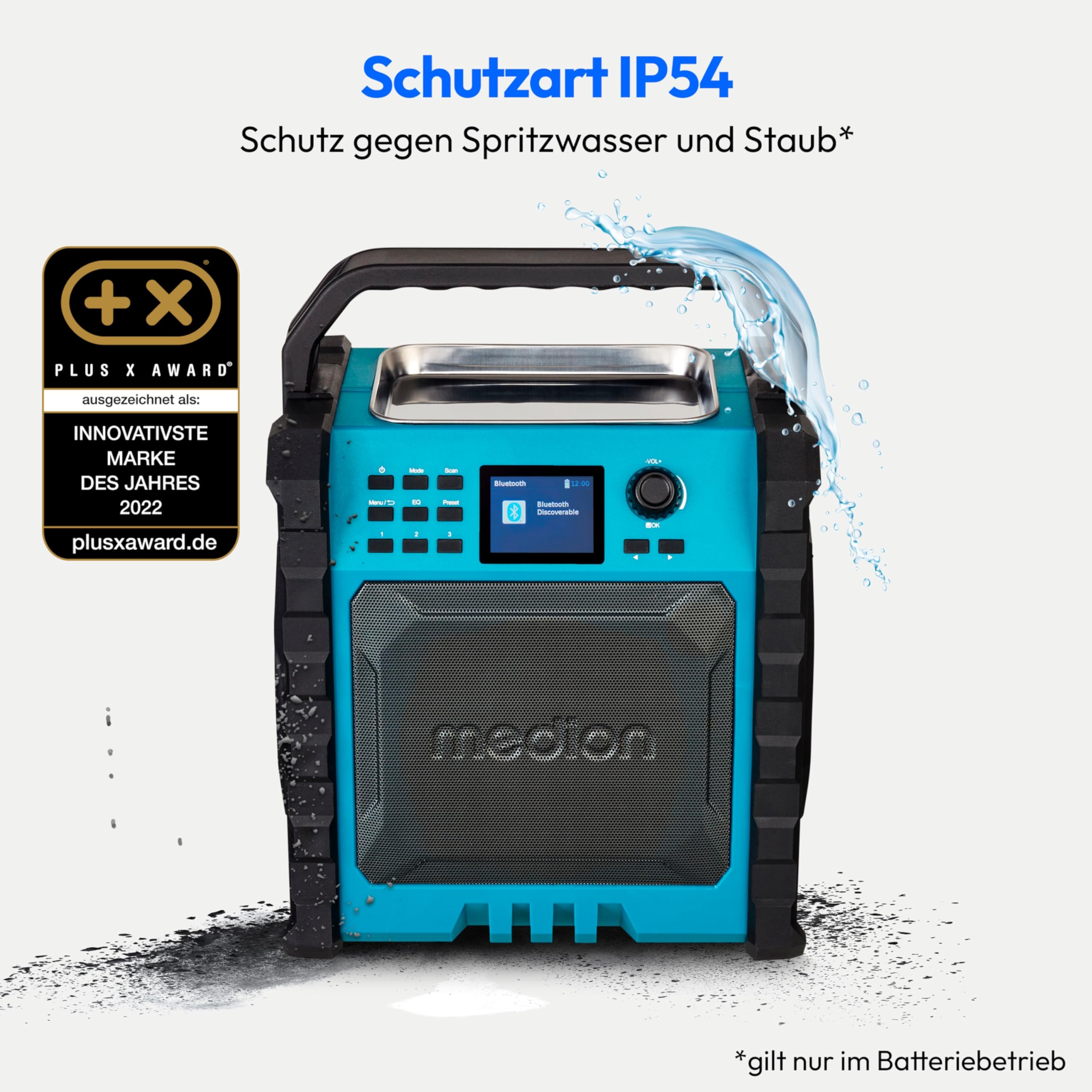MEDION P66896 Baustellenradio (DAB Plus, DAB+/UKW, integrierter Akku, Farbdisplay, Bluetooth, Powerbank-Funktion, IP54, robust, Zwei Passivradiatoren)