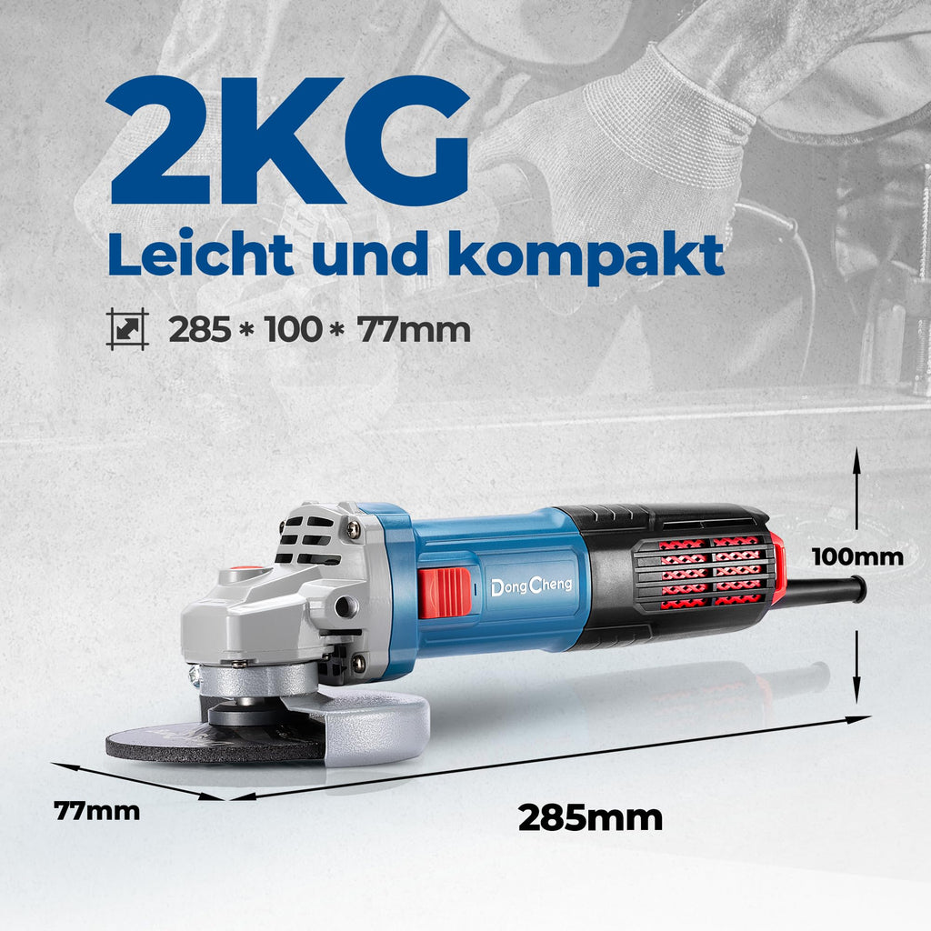 DongCheng Winkelschleifer 1100W, 125mm, Leerlaufdrehzahl:11.800min-1, Schnellverschlussabdeckung, Zusatzhandgriff ，mit 2 Schleifscheiben, 2 Fächerschleifscheiben, 2 Trennscheiben