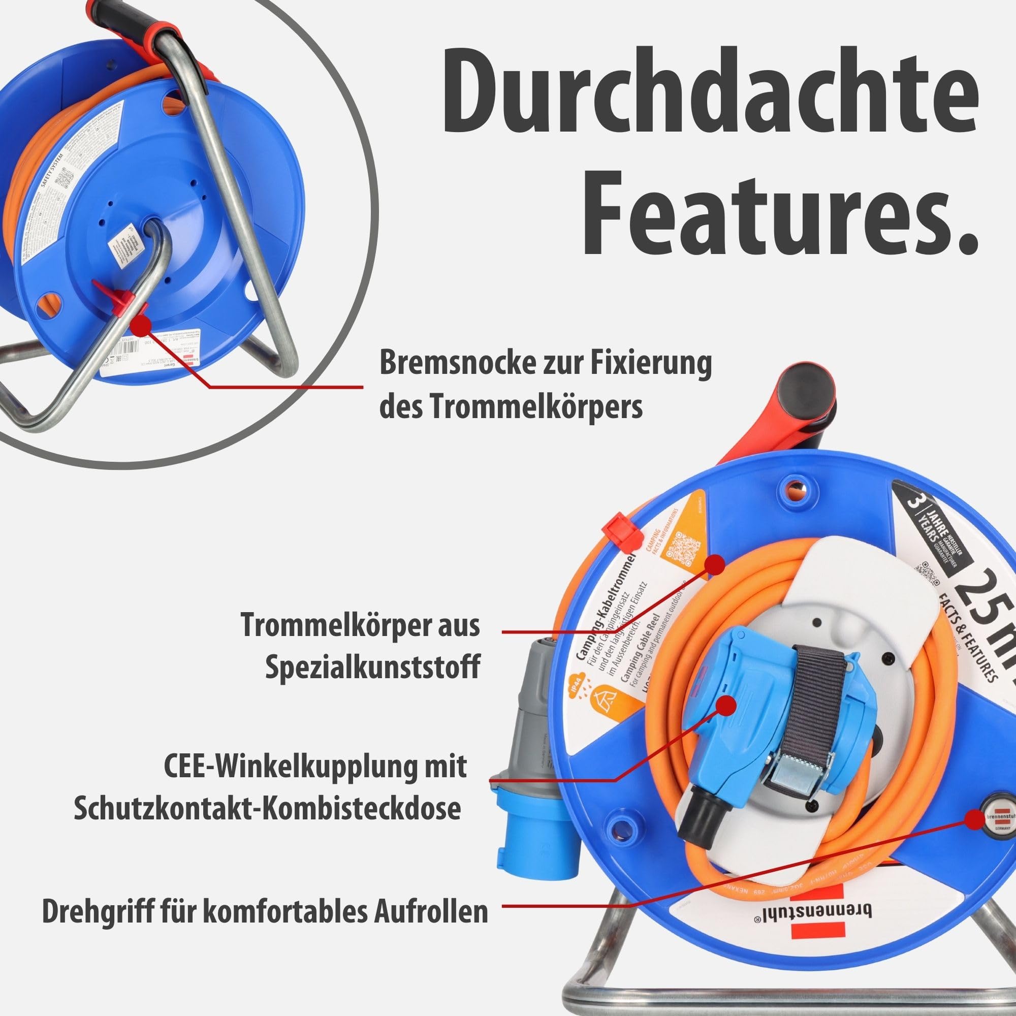 Brennenstuhl Camping-Kabeltrommel / CEE 230V Kabeltrommel 25m (H07RN-F 3G2,5 in orange, CEE-Winkelkupplung inkl. Schutzkontakt-Kombisteckdose, für den ständigen Einsatz außen IP44, Made in Germany)