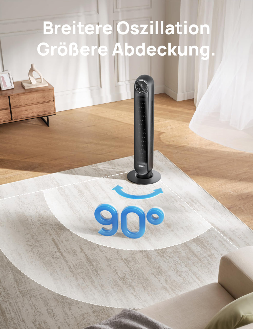 Dreo 20dB Leiser Turmventilator, 10 m Wurfweite 4 Geschwindigstufen 4 Modi 8 Std. Timer 90° oszillierende Ventilator mit Kühlung Fernbedienung für Schlafzimmer, Nomad One, Schwarz
