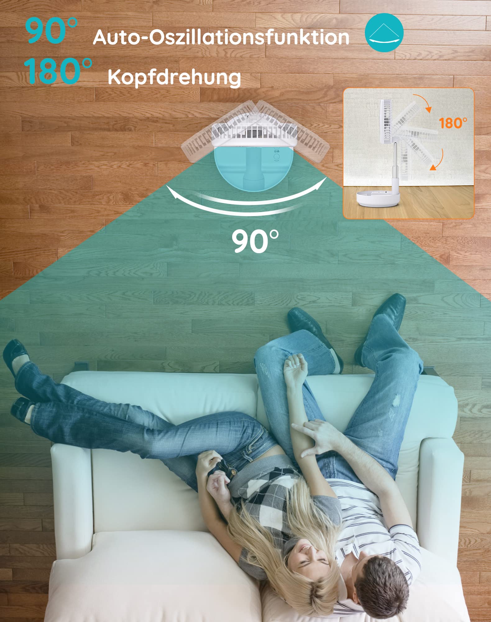 Primevolve 8" Oszillierender Tisch-und Standventilator mit Fernbedienung, Tragbarer Faltbarer Travel Fan für Outdoor Reise Camping, 7200mAh Akku Batterie Ventilator Leise für Schlafzimmer Büro (Weiß)