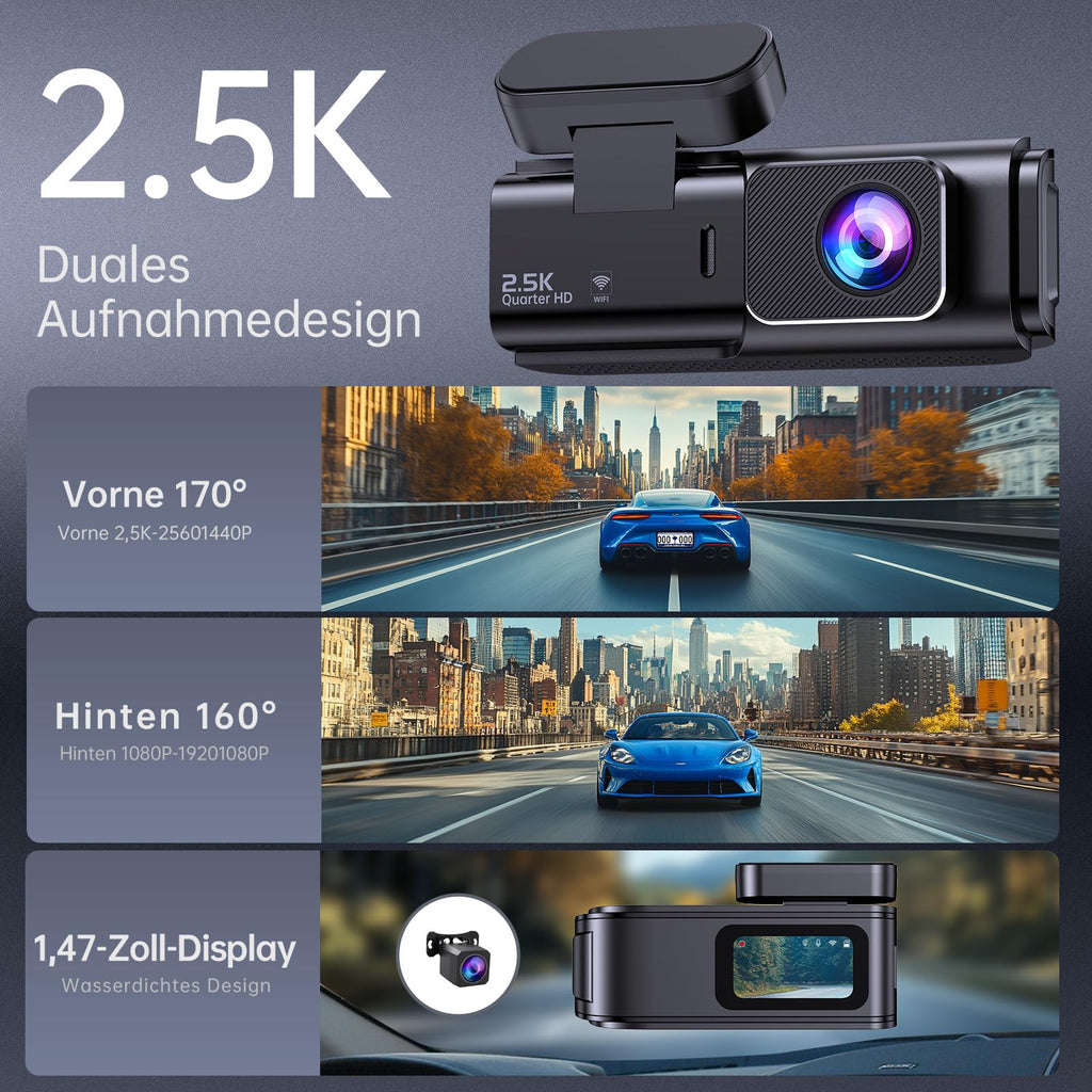 Dashcam Auto Vorne Hinten 2,5K + 1080P, Dash Cam mit WiFi, 32GB Karte, Dual-Autokamera mit 170 ° Weitwinkel, Super Nachtsicht, Auto Kamera mit Parküberwachung, G-Sensor, App-Steuerung, Loop-Aufnahme