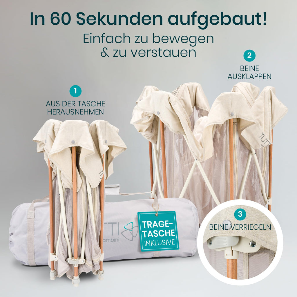 Tutti Bambini Laufstall Baby Faltbar - Baby Playpen mit 360°-Netzwänden, Schnellklappmechanismus, Reißverschlusstür, Bodenmatte & Tragetasche, 135 x 135 x 75 cm (Ecru)
