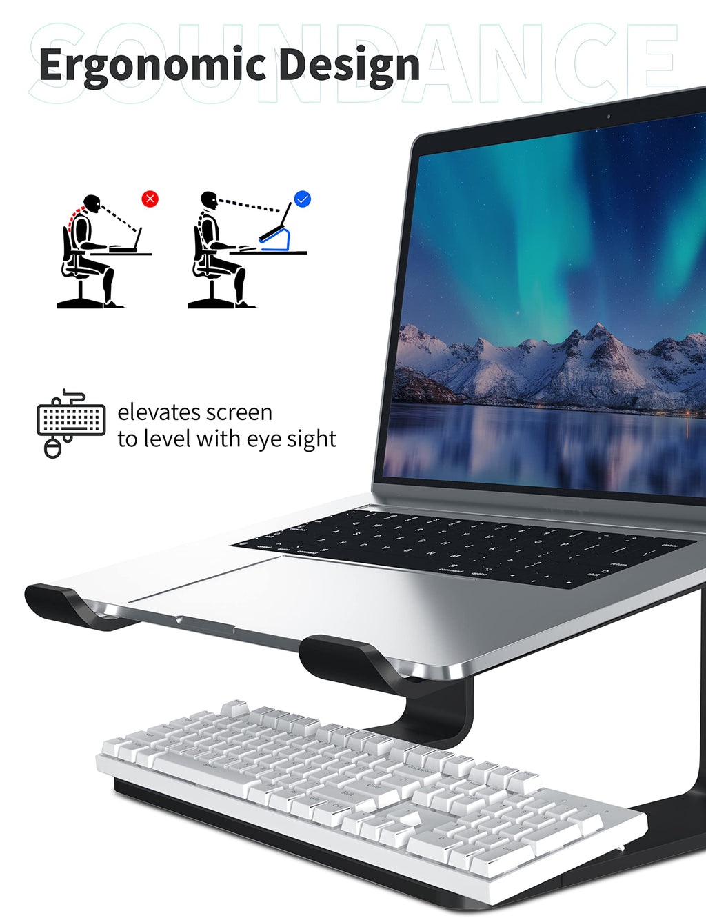 SOUNDANCE Laptop-Ständer, Aluminium-Computer-Erhöhung, ergonomischer Laptop-Ständer für den Schreibtisch, Metall-Halterung, kompatibel mit 10 bis 15,6 Zoll Notebook-Computern, Schwarz