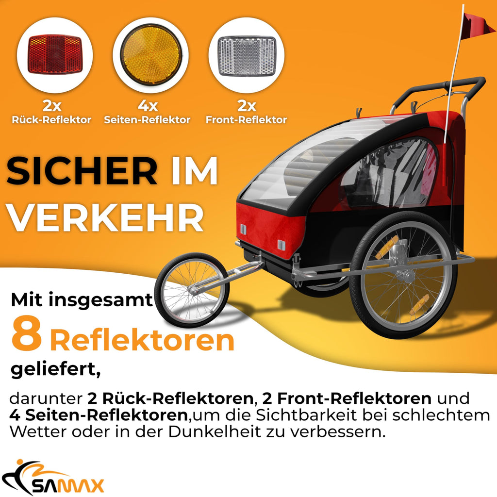 SAMAX Fahrradanhänger Jogger 2in1 Kinderanhänger Kinderfahrradanhänger Transportwagen vollgefederte Hinterachse für 2 Kinder in Rot/Schwarz - Silver Frame