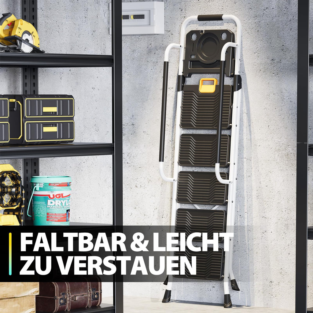 KINGRACK Trittleiter 5 Stufen klappbar, Leiter 5 Stufen 150 kg Tragfähigkeit, mit Werkzeugtray, Handlauf, für Haushalt, Garten, Malerei, Outdoor und Garagennutzung geeignete Faltbare Leiter, weiß