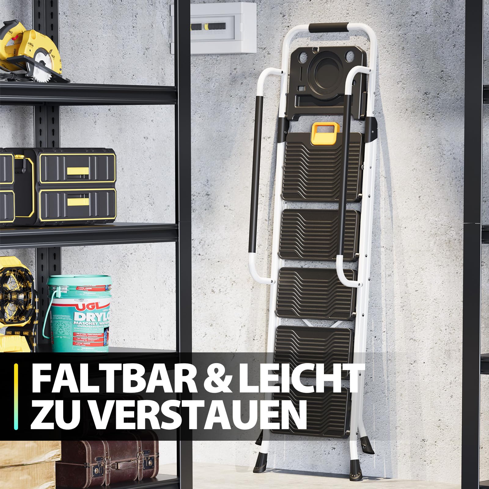 KINGRACK Trittleiter 5 Stufen klappbar, Leiter 5 Stufen 150 kg Tragfähigkeit, mit Werkzeugtray, Handlauf, für Haushalt, Garten, Malerei, Outdoor und Garagennutzung geeignete Faltbare Leiter, weiß