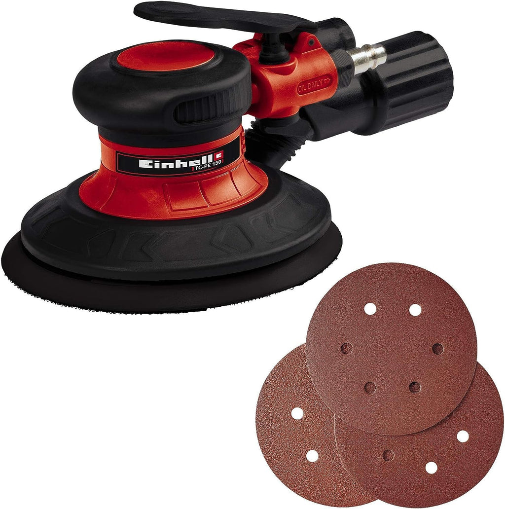 Einhell Druckluft-Exzenterschleifer TC-PE 150 (150 mm Schleiftellerdurchmesser, stufenloser Regulierungshebel, inkl. 6 Schleifpapieren, Stecknippel, Spannschlüssel)